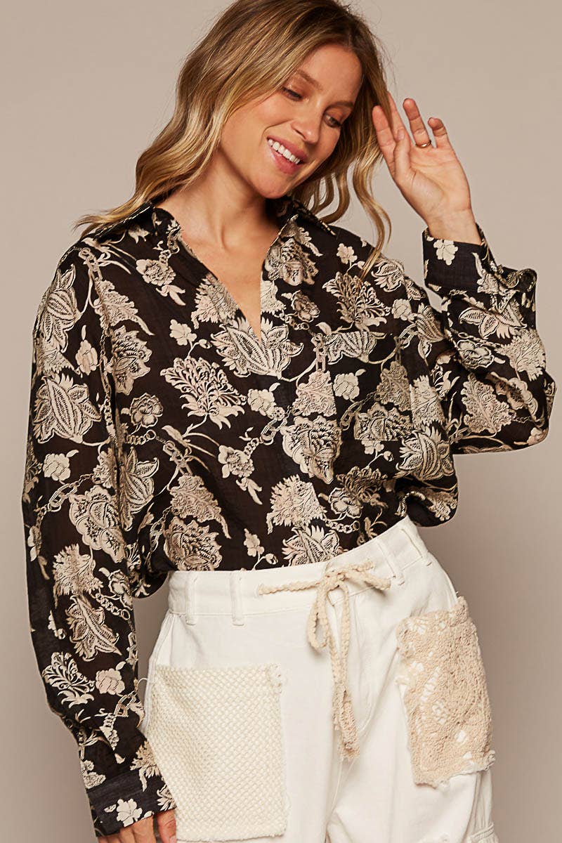 Black and Cream Floral Blouse