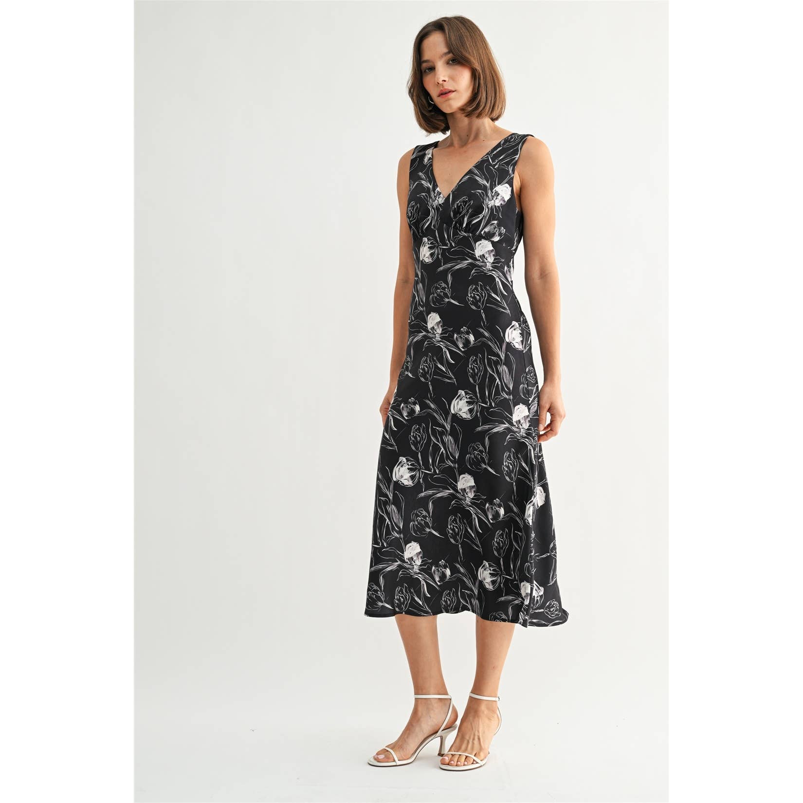 Floral Satin V Neck Dress