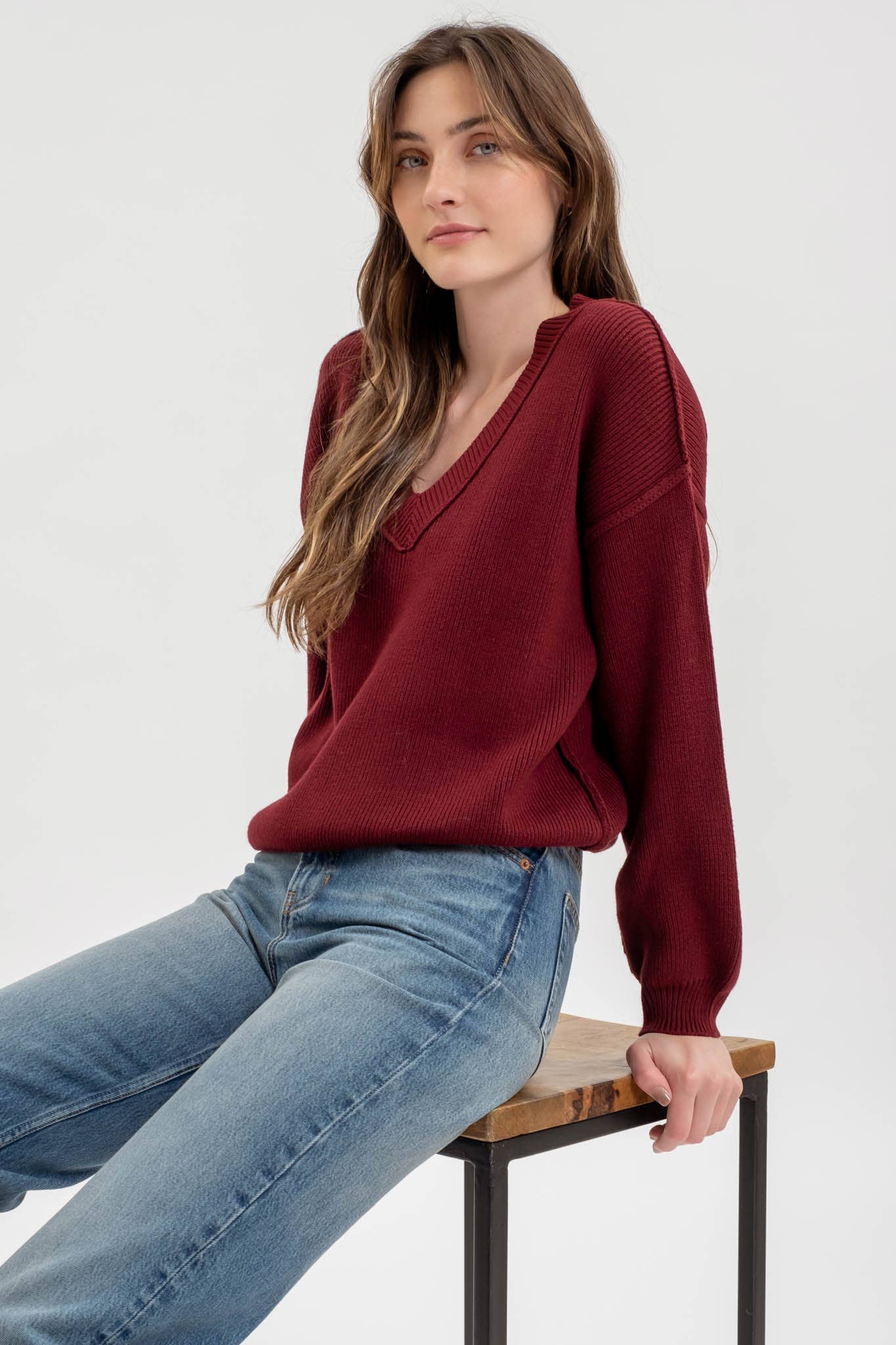 Exposed Seam V-Neck Sweater