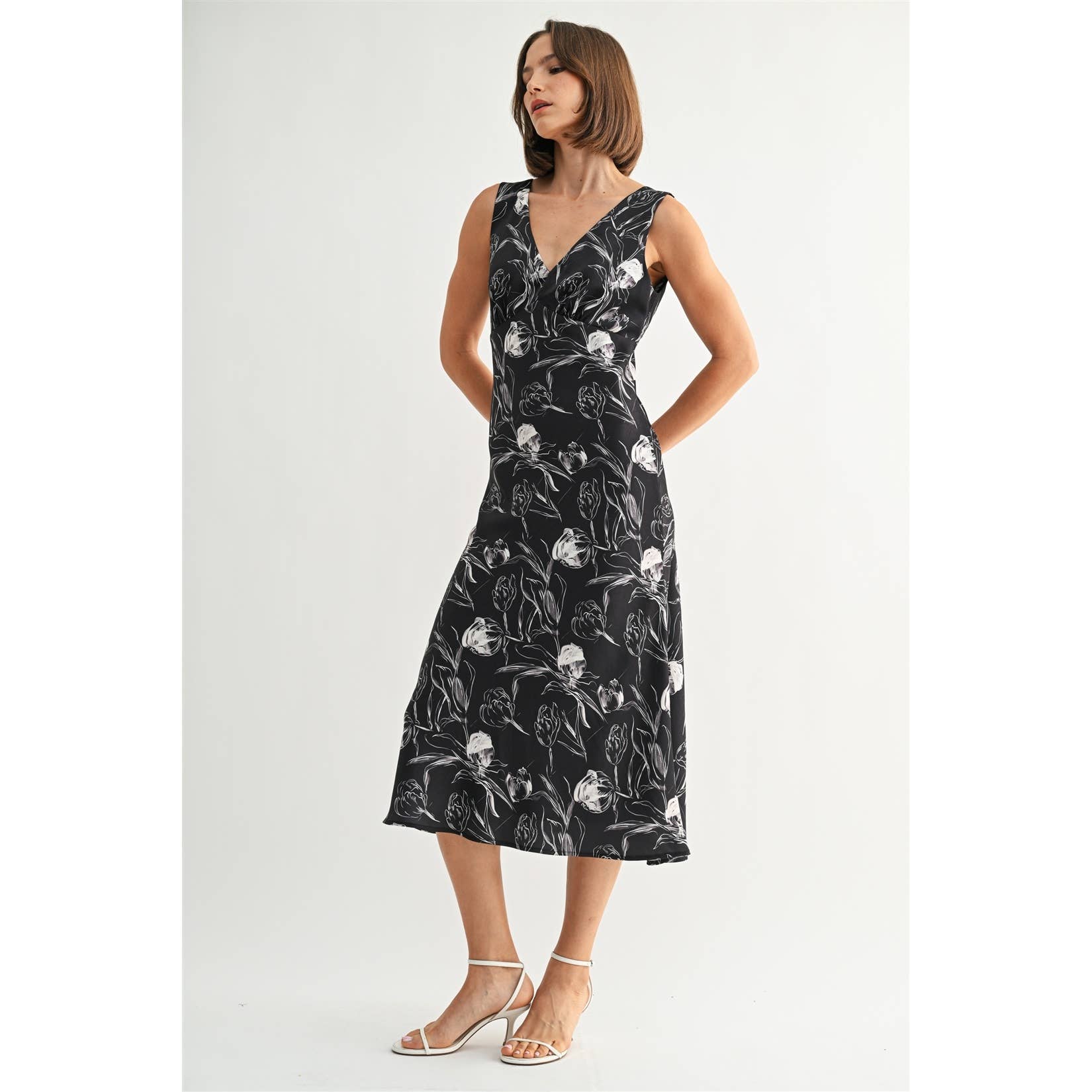 Floral Satin V Neck Dress