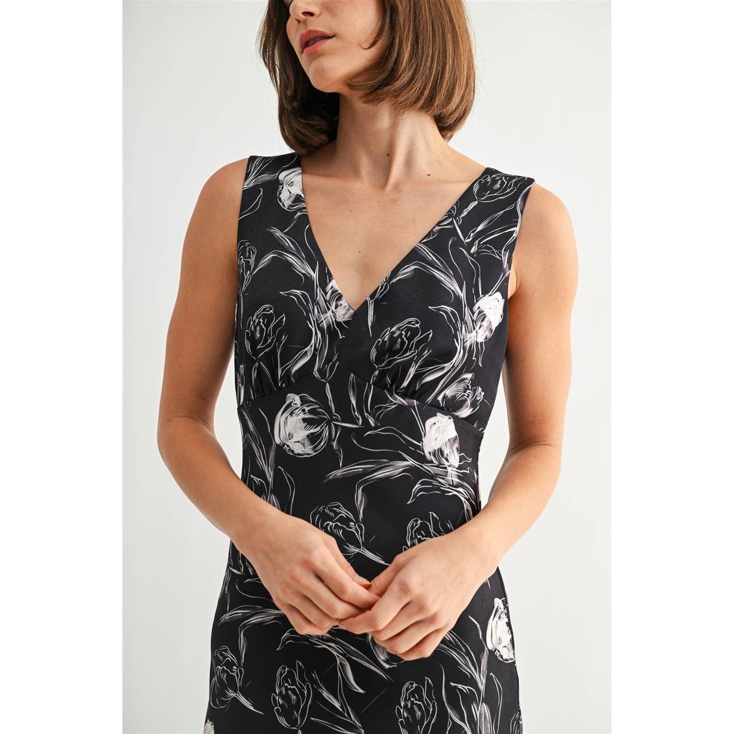 Floral Satin V Neck Dress