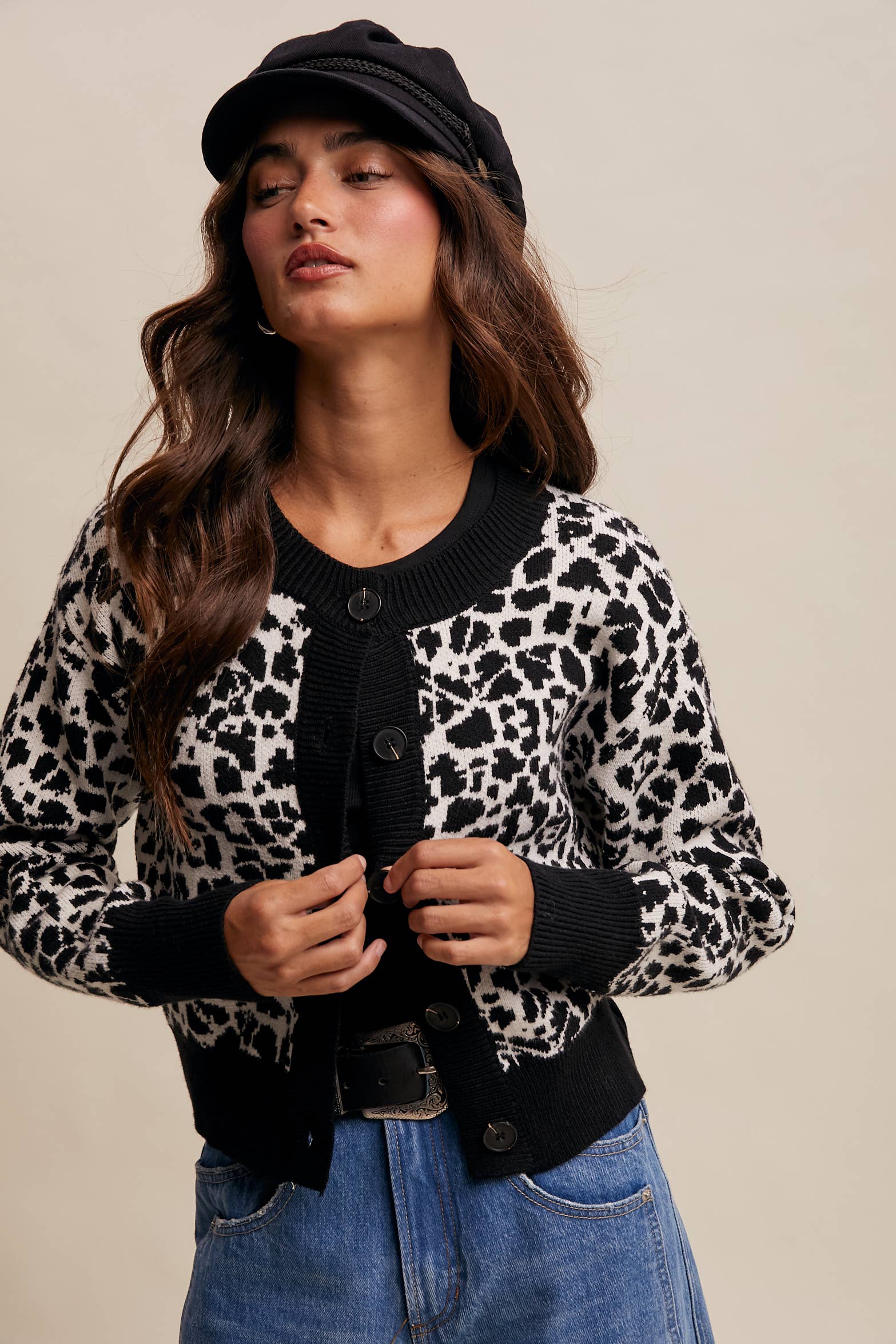 Leopard Knit Button-Up Cardigan