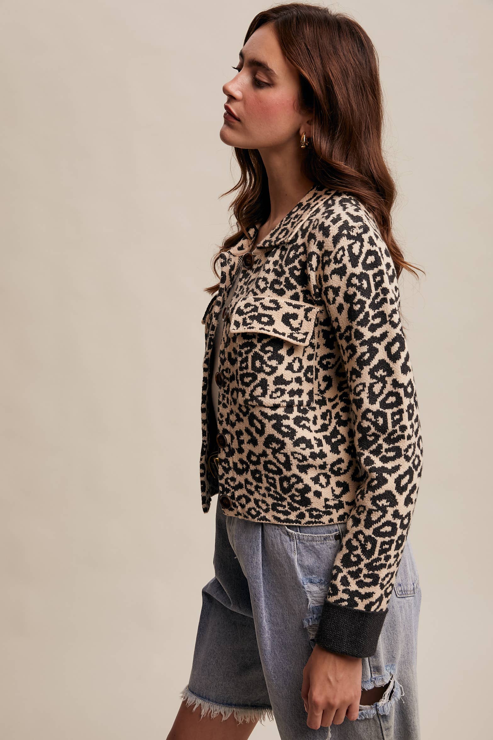 Leopard Knit Button-Up Jacket