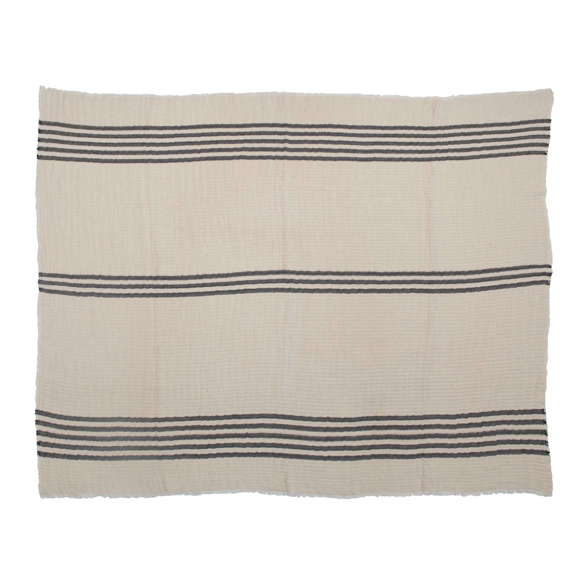 Cotton Double Cloth Stitched Throw w/ Stripes & Frayed Edges