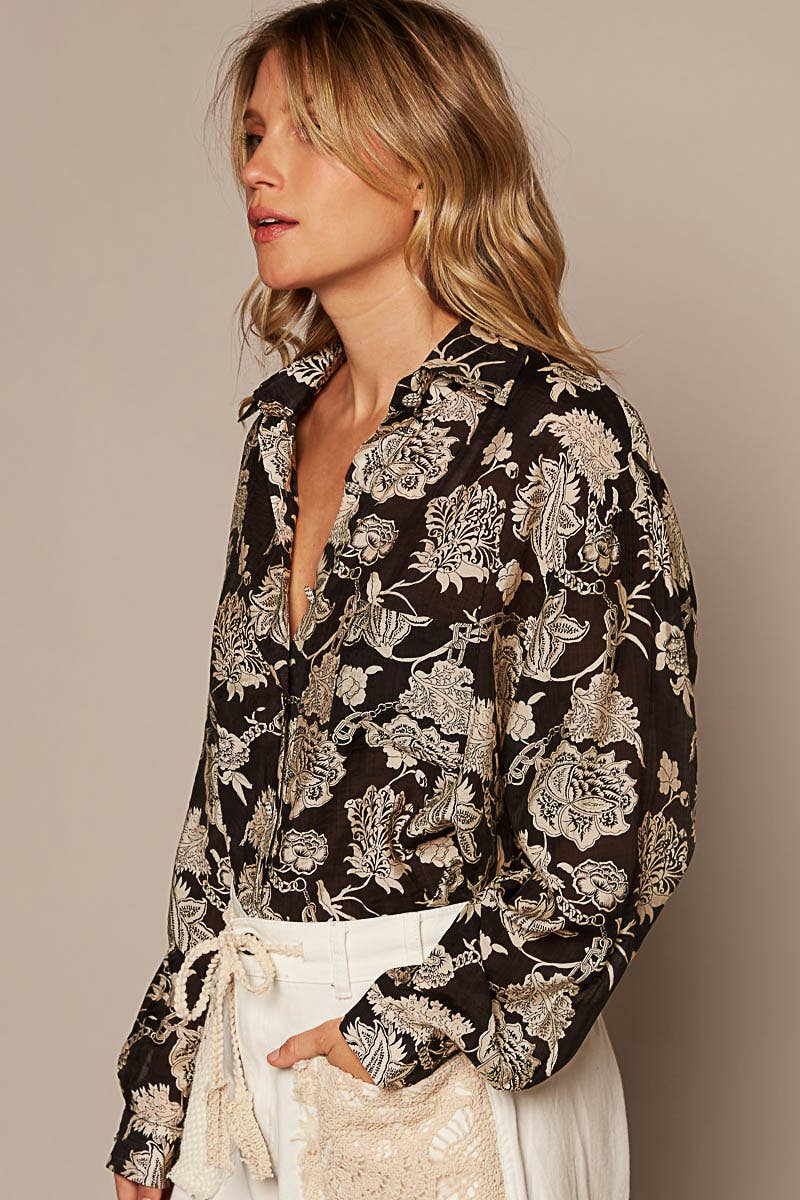 Black and Cream Floral Blouse