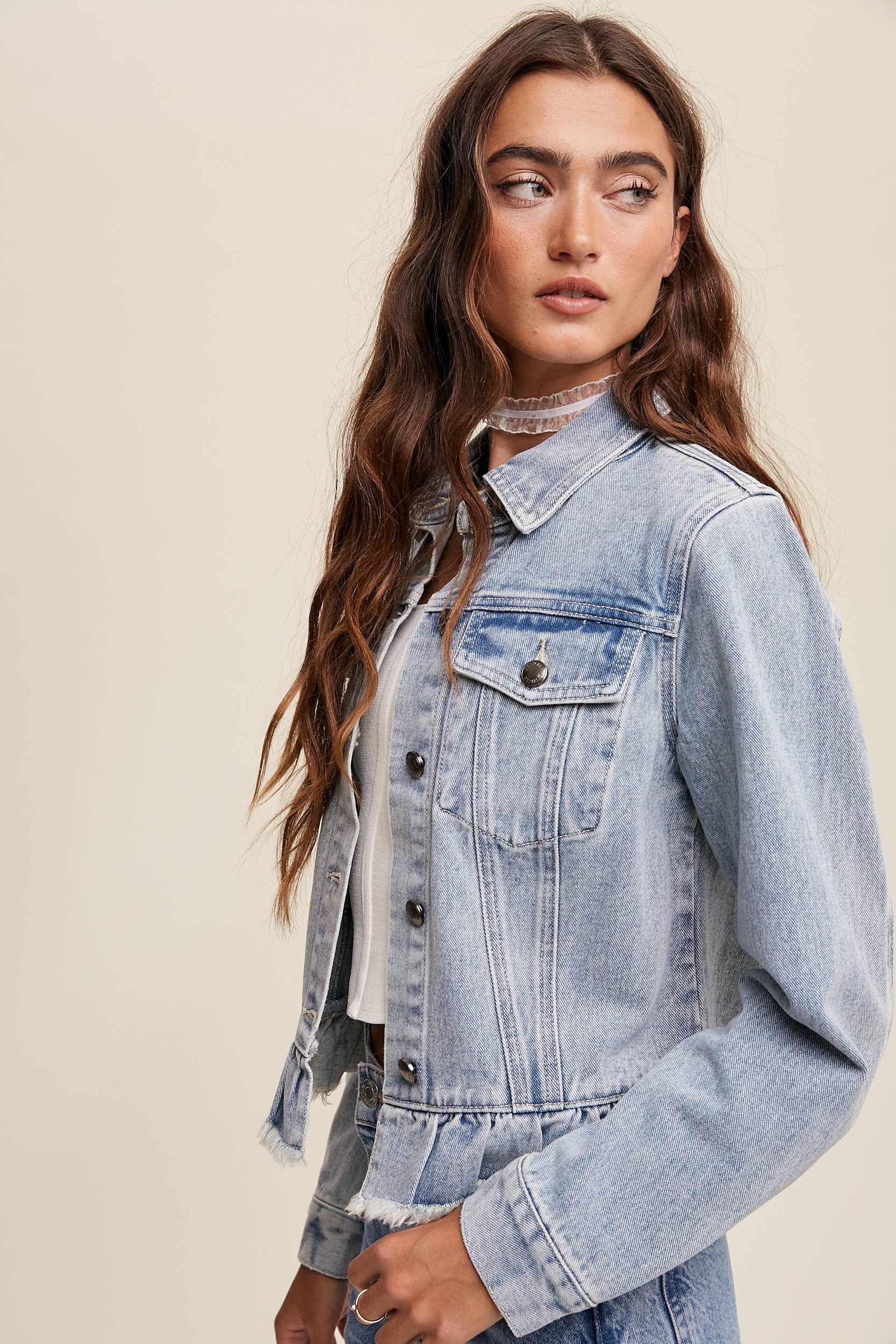 Ruffled Hem Denim Jacket