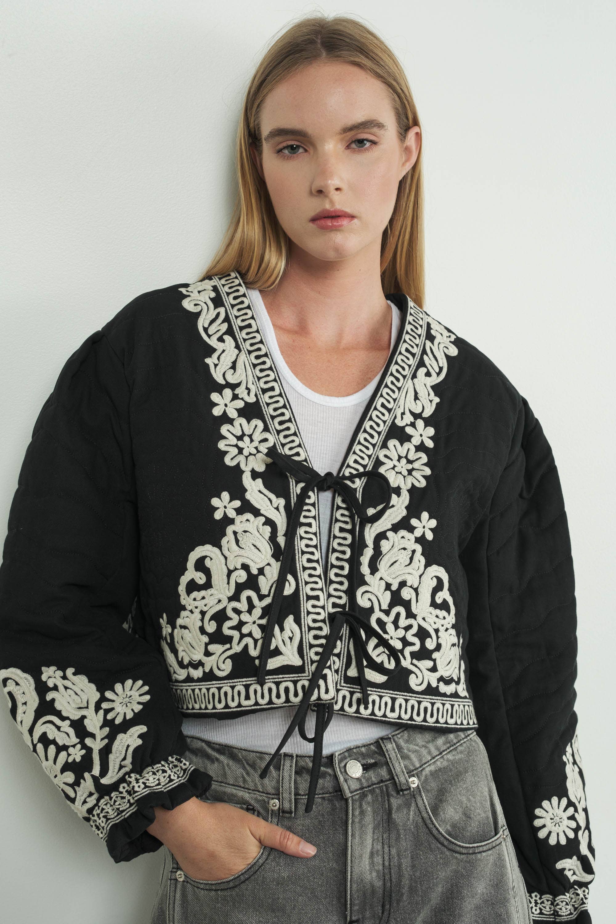 Embroidered Puff Sleeve Jacket