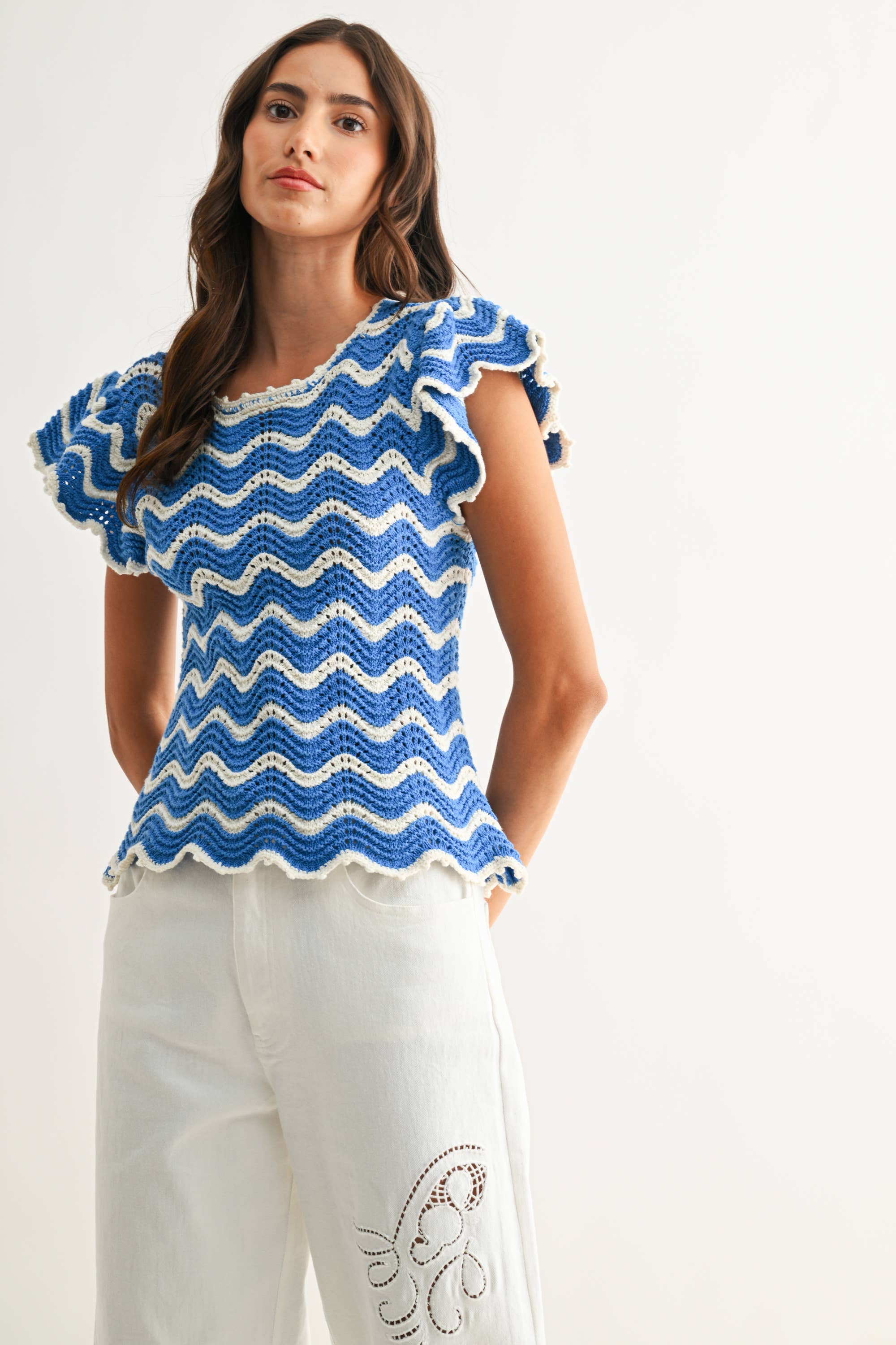 Chevron Knit Top with Ruffled Sleeves