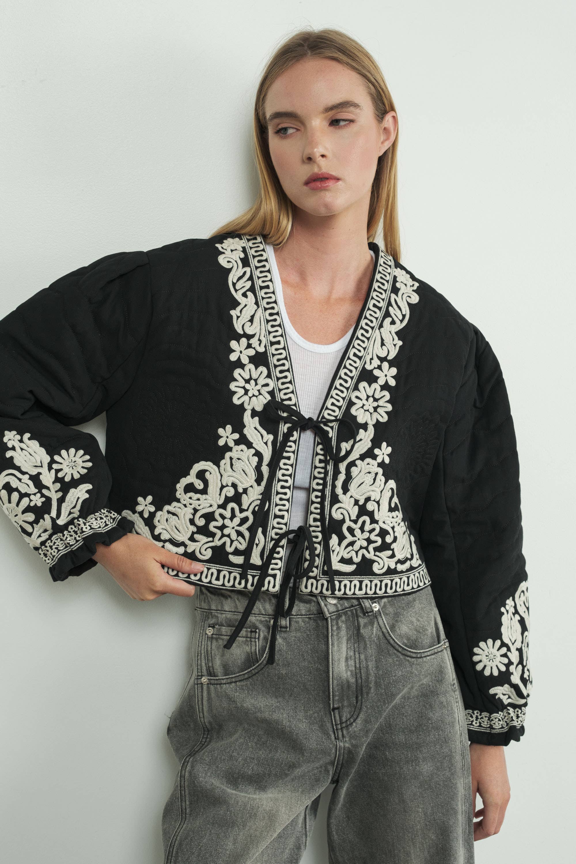 Embroidered Puff Sleeve Jacket