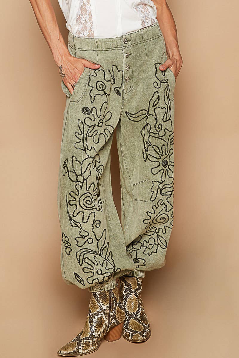 Floral Embroidered Twill Pants