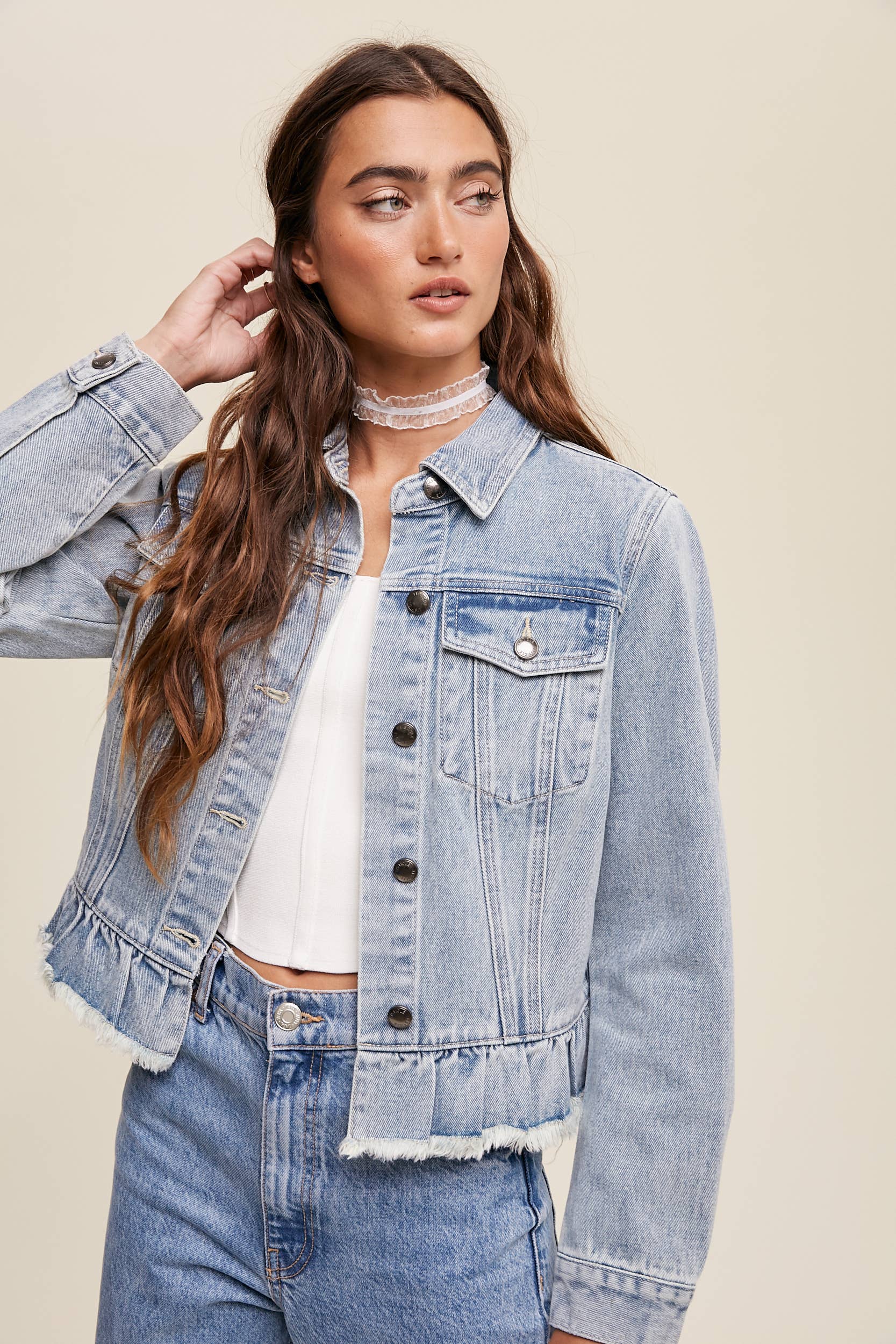 Ruffled Hem Denim Jacket