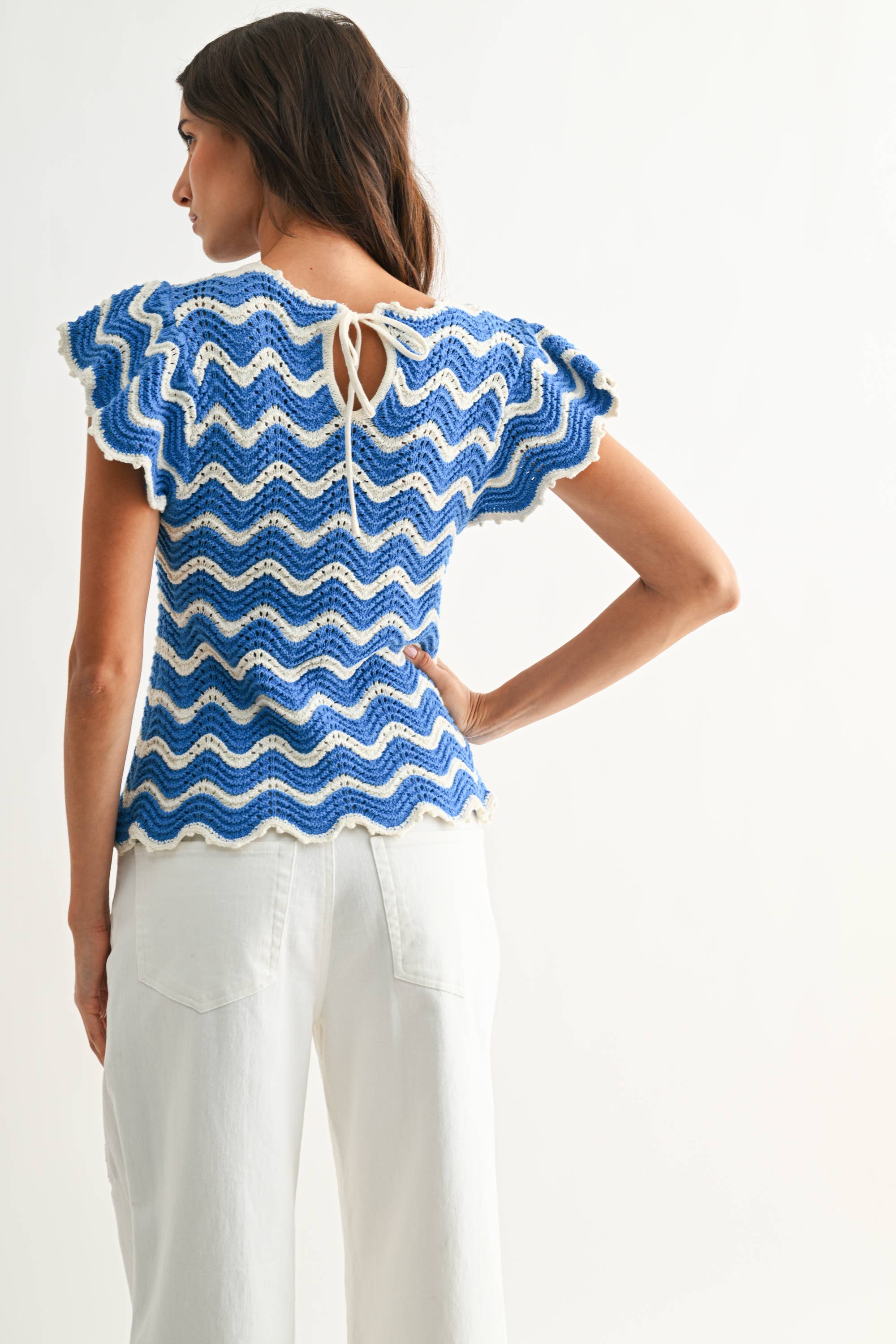 Chevron Knit Top with Ruffled Sleeves