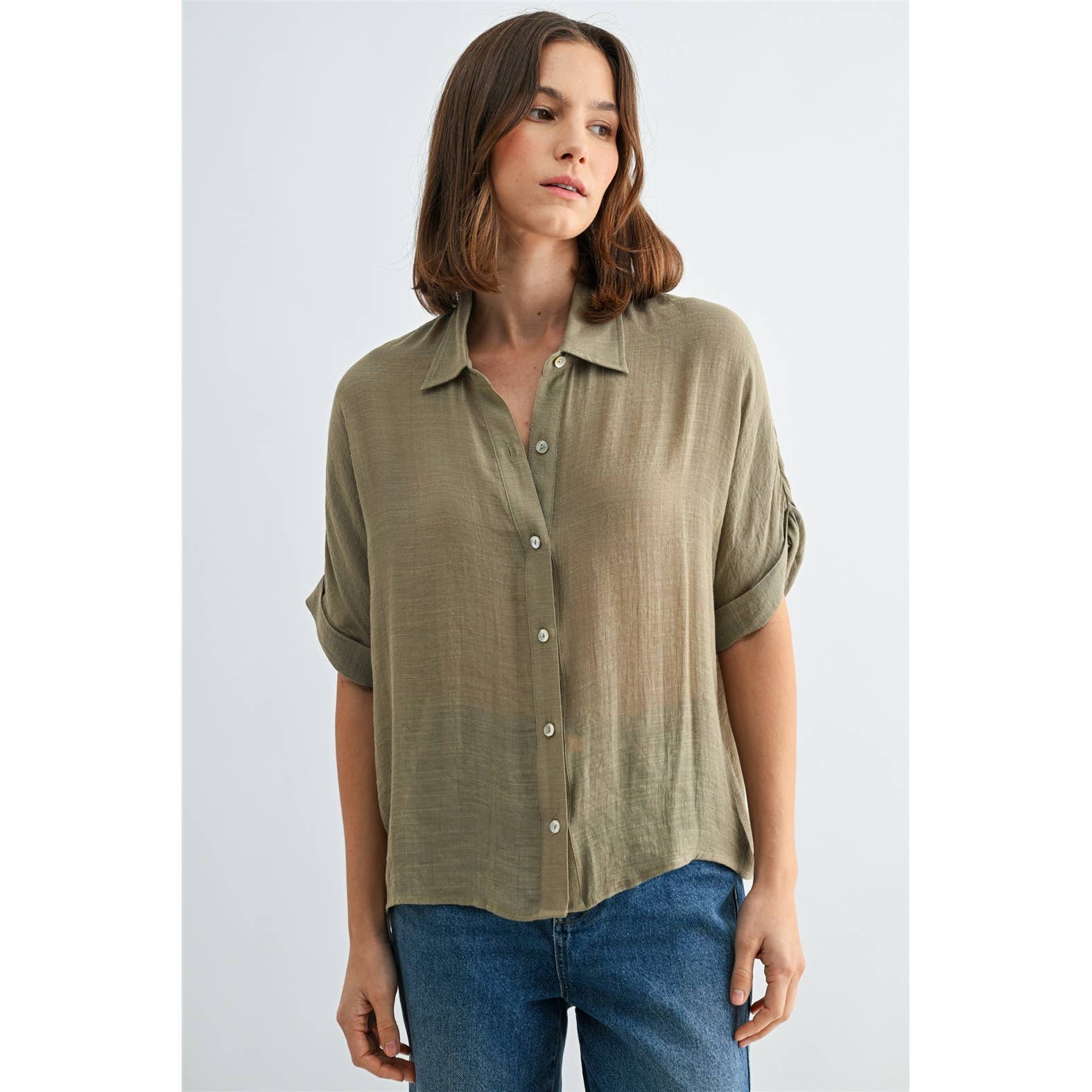Button Up Dolman Short Sleeve Top