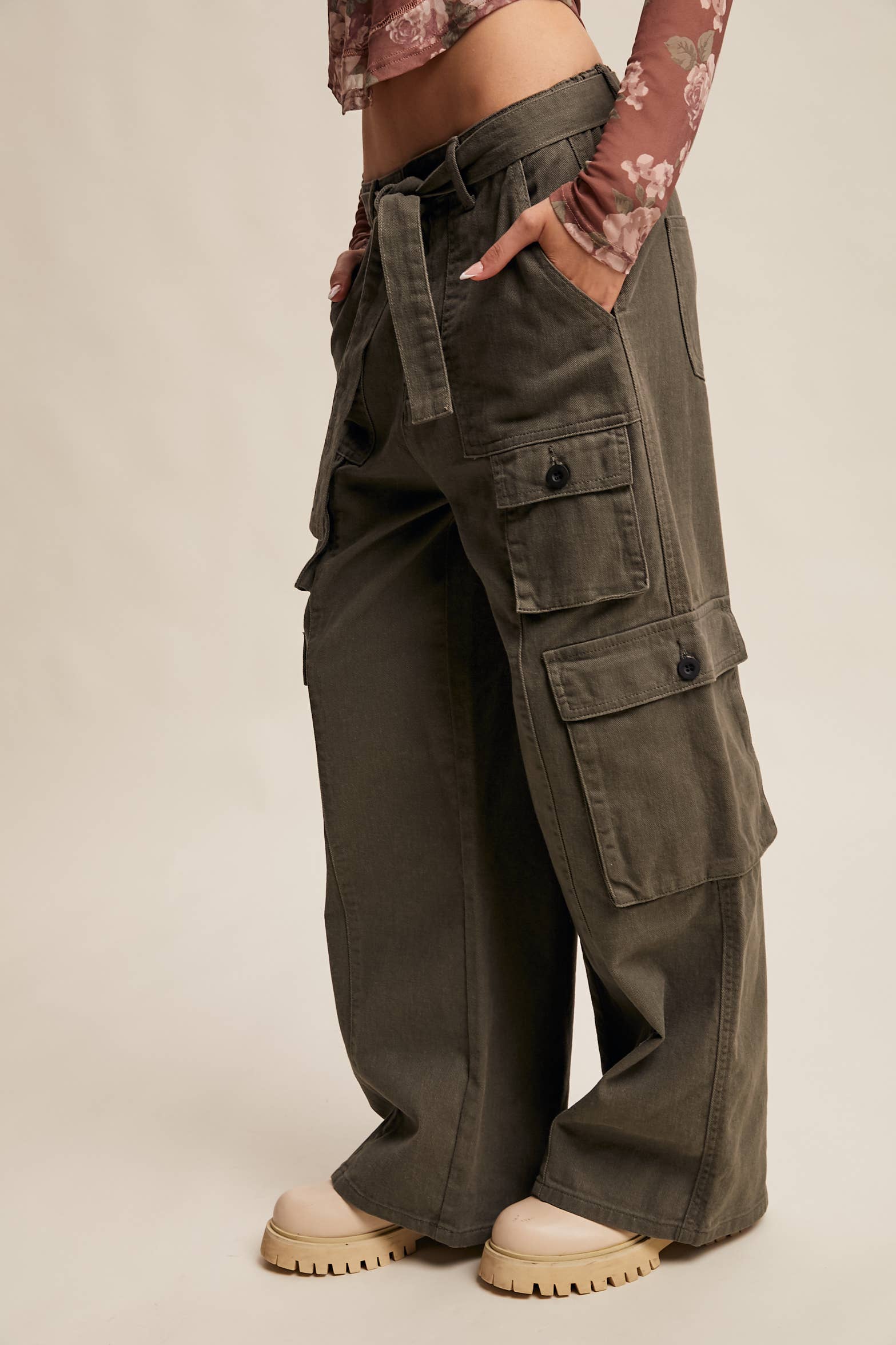Belted Wide-Leg Cargo Pants