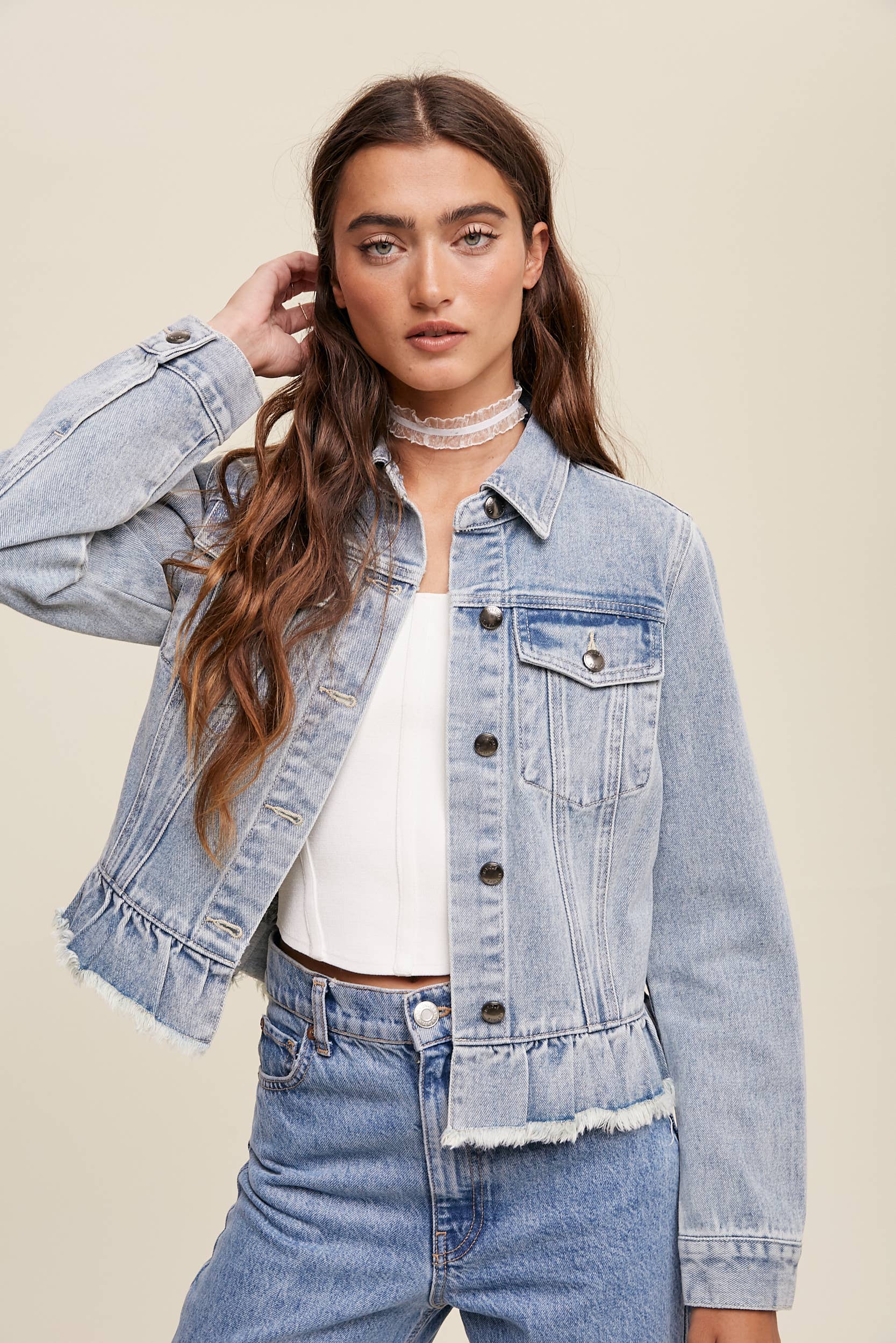 Ruffled Hem Denim Jacket