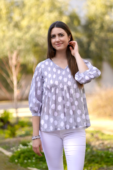 cotton pintuck blouse, gray with white polka dots, 3/4 sleeves and v-neck