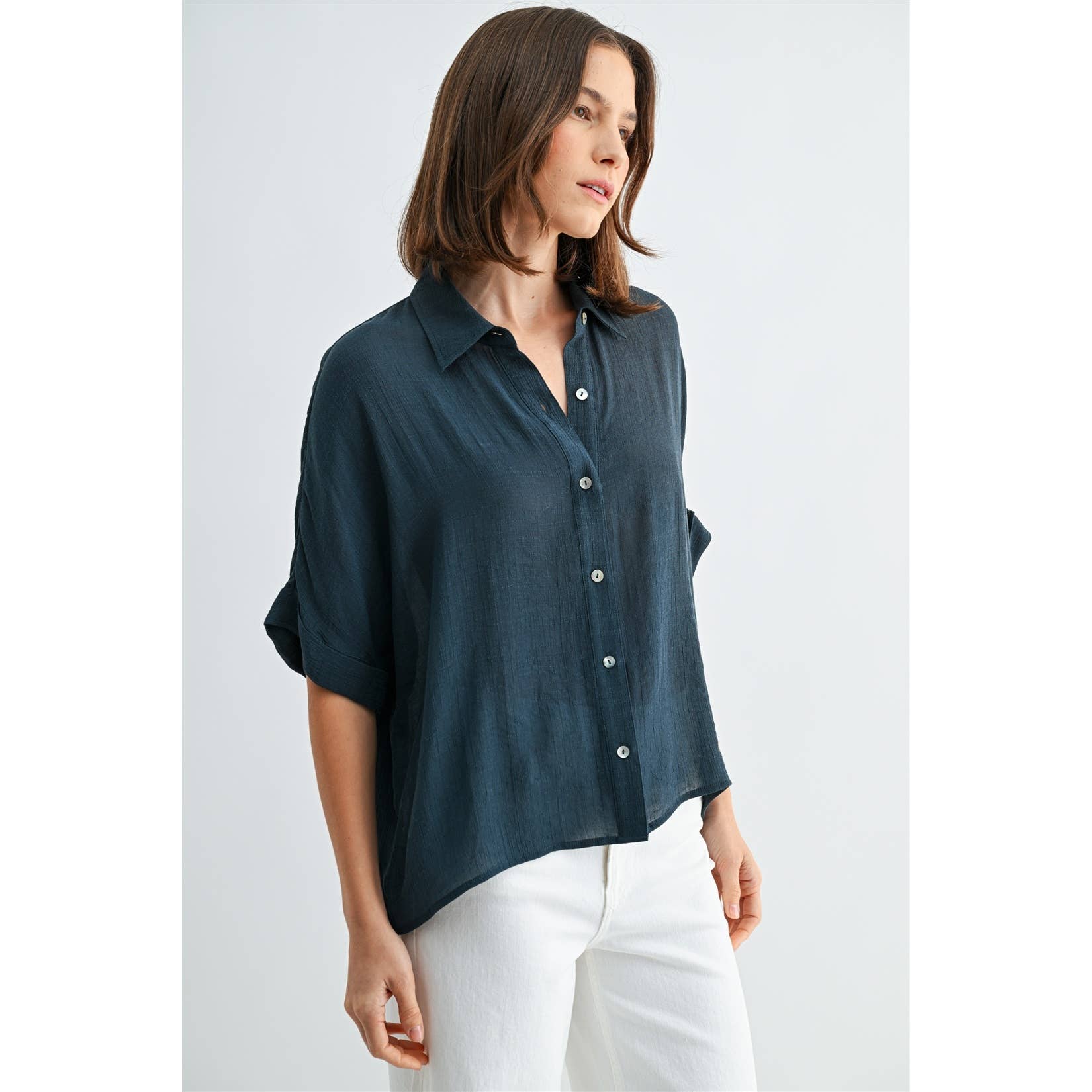Button Up Dolman Short Sleeve Top