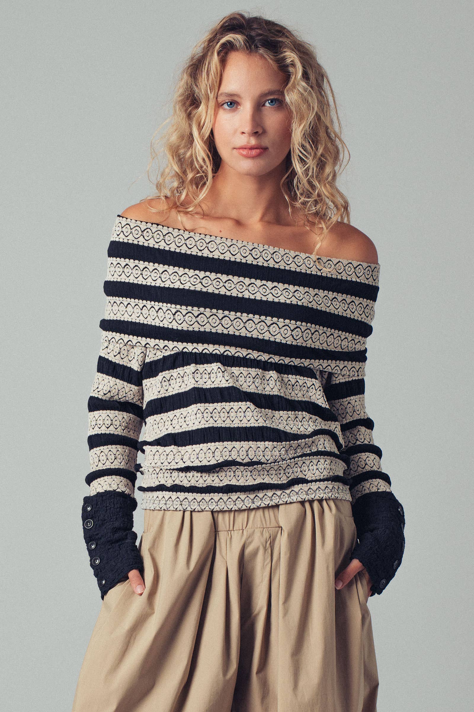 Off-Shoulder Button Cuff Top