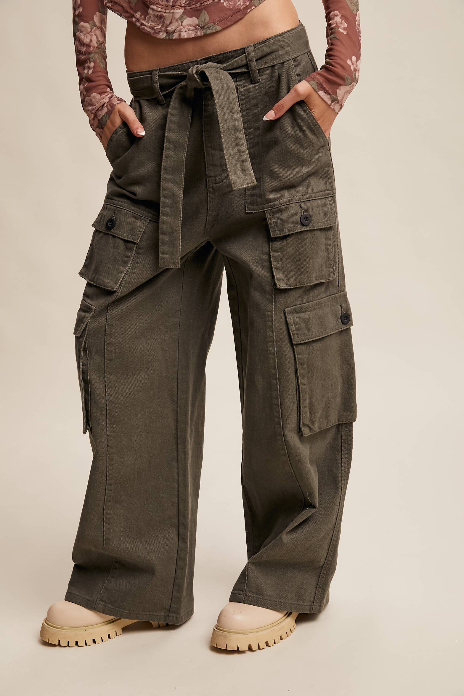 Belted Wide-Leg Cargo Pants