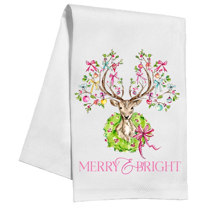 Merry Bright Reindeer Ornaments Bows Kitchen Towel