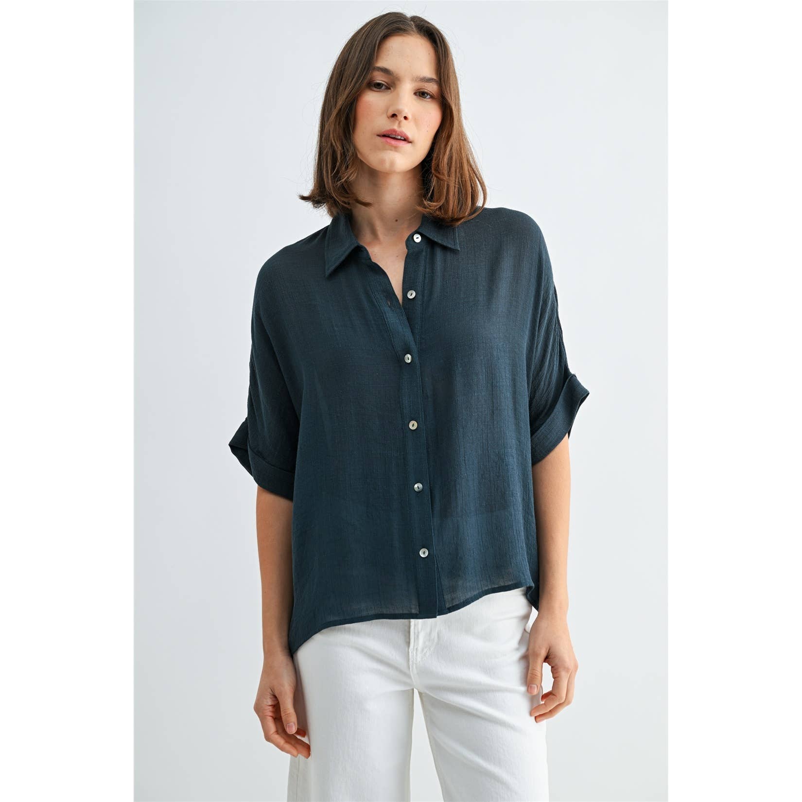Button Up Dolman Short Sleeve Top