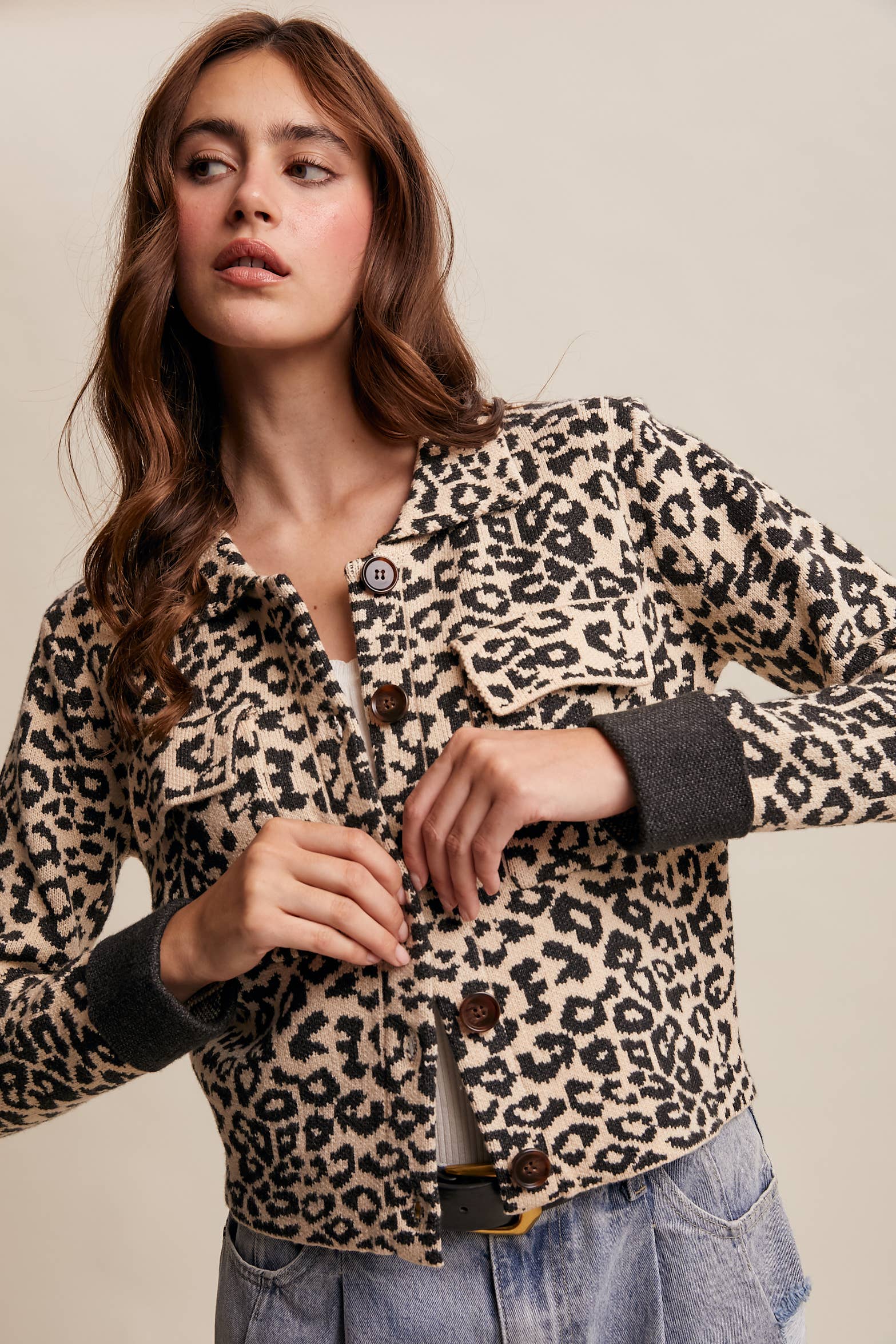 Leopard Knit Button-Up Jacket