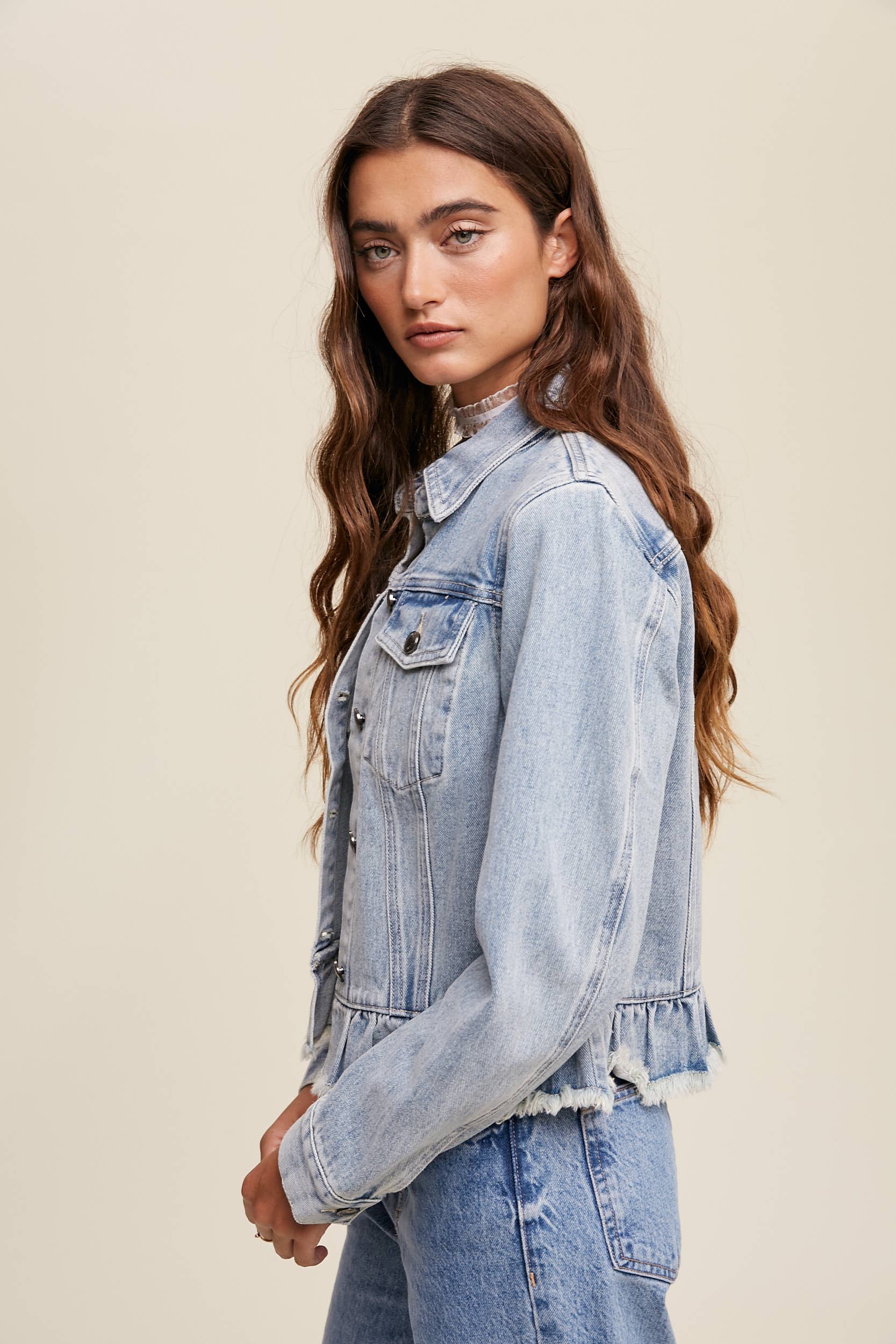 Ruffled Hem Denim Jacket