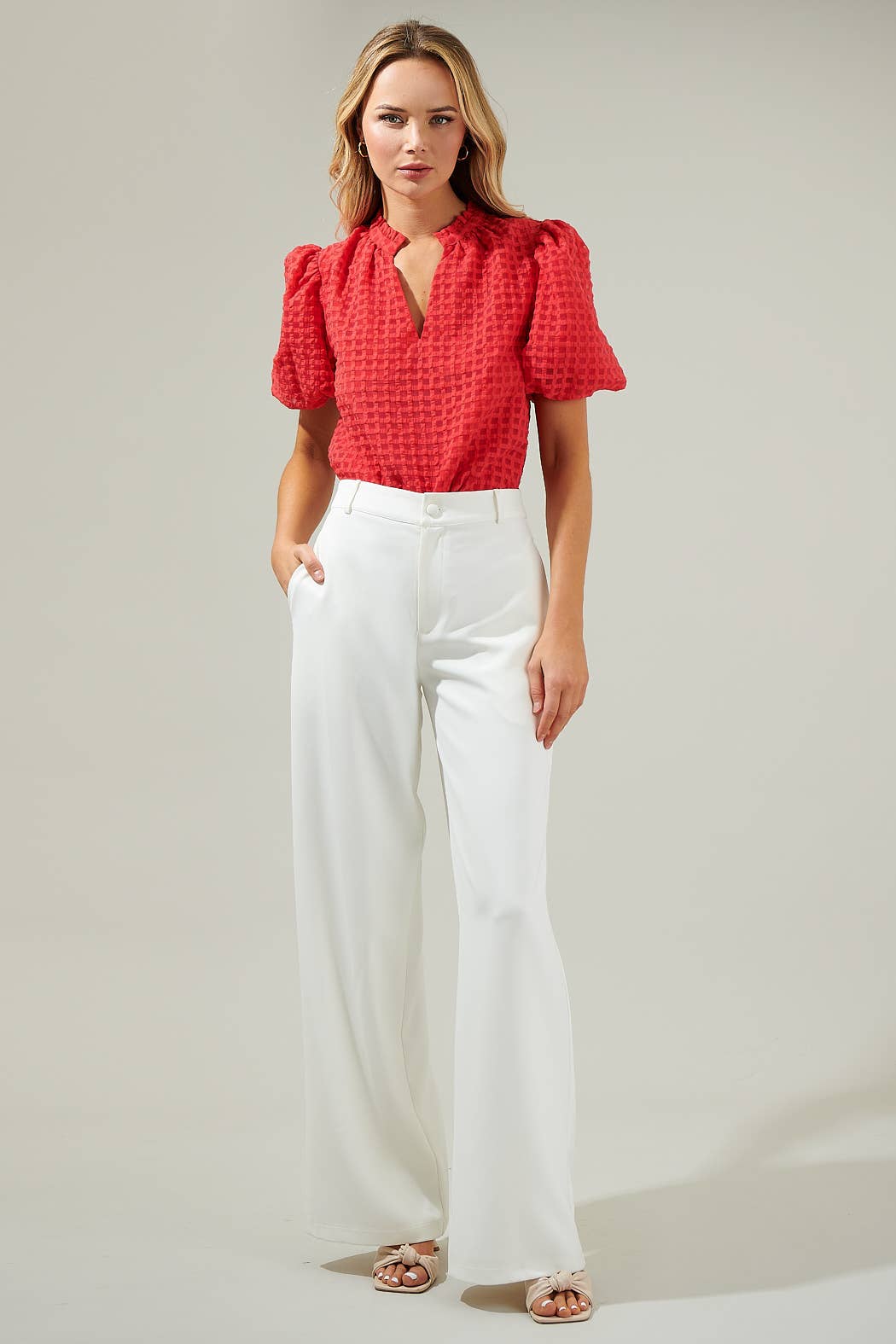 Red Organza Check Ruffle Blouse