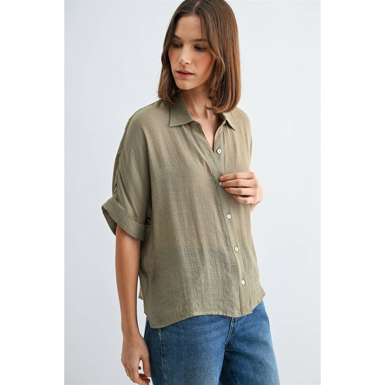 Button Up Dolman Short Sleeve Top