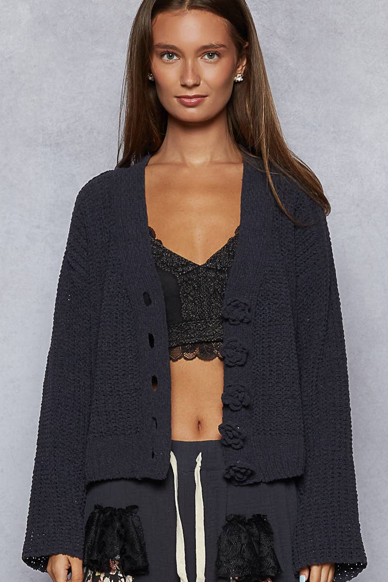 Cardigan w/ Crocheted Floral Buttons