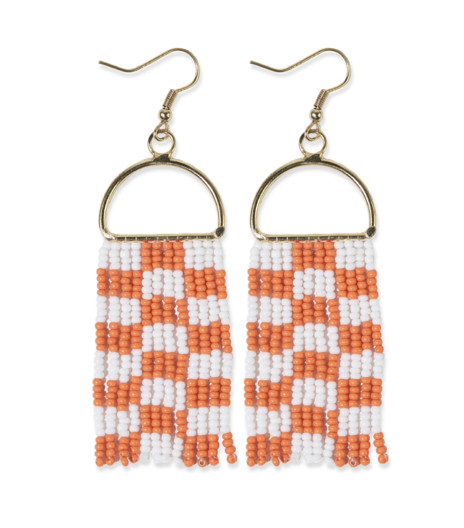 Allison Checkered Fringe Earrings - Orange/White