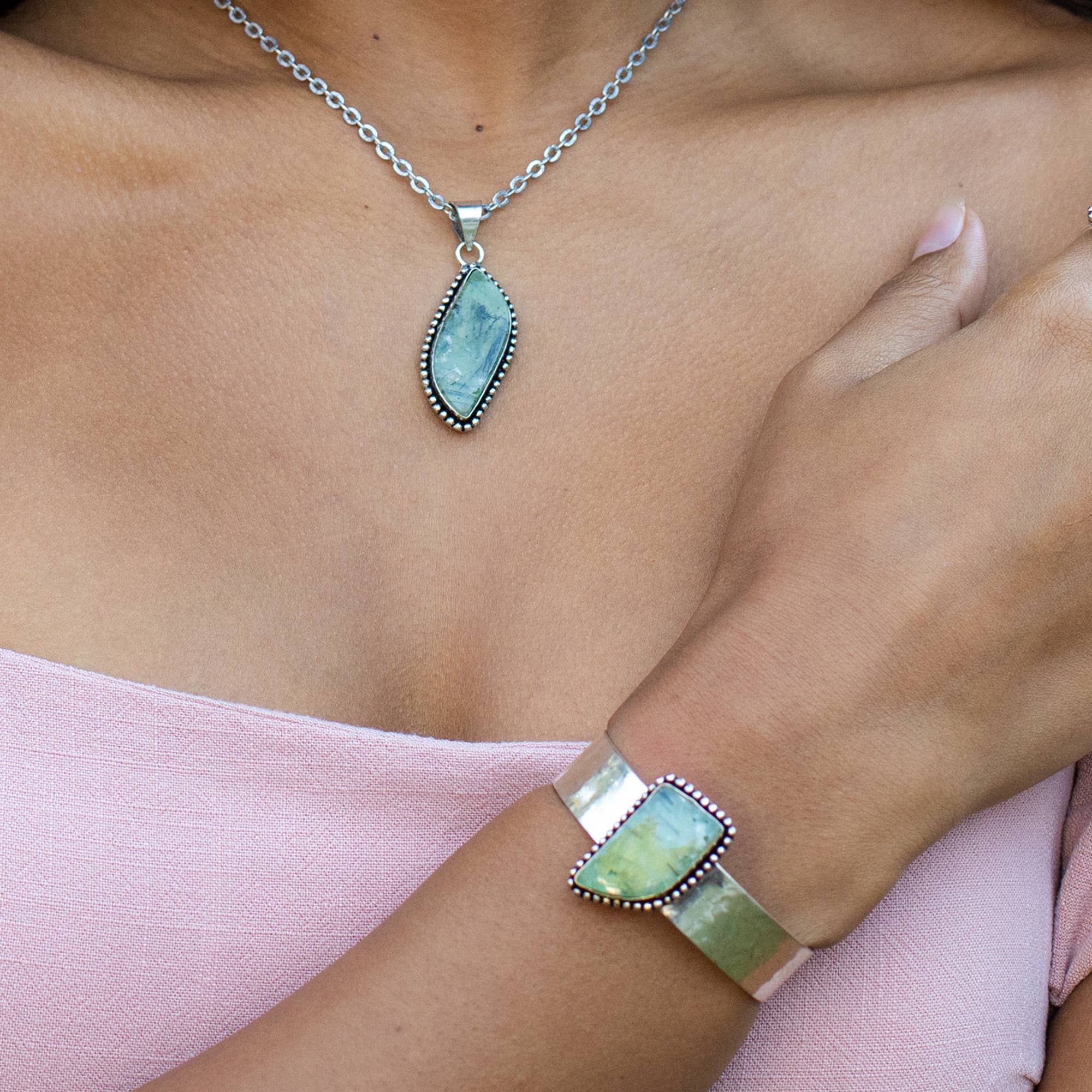 Handcrafted Stone Cuff - Prehnite