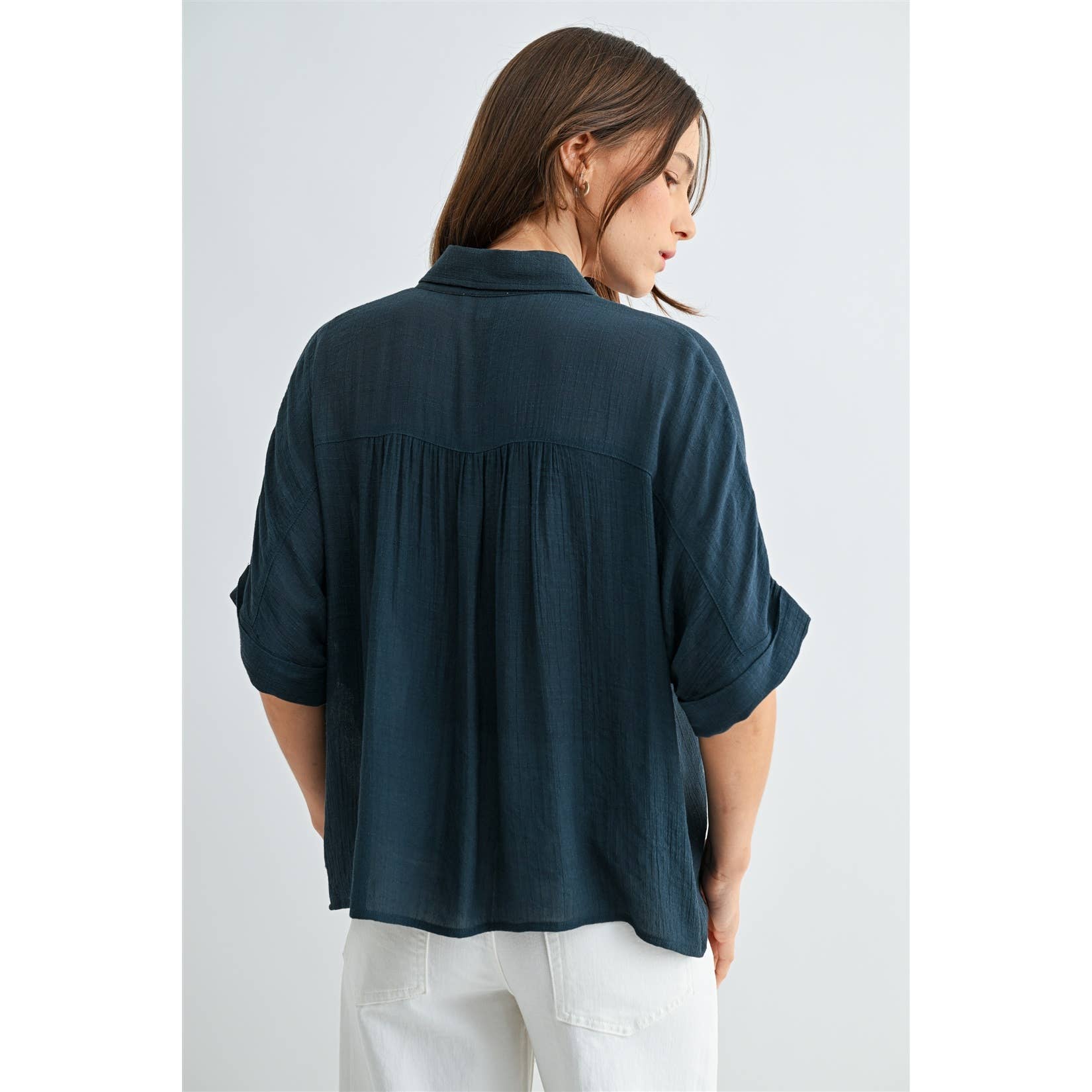 Button Up Dolman Short Sleeve Top
