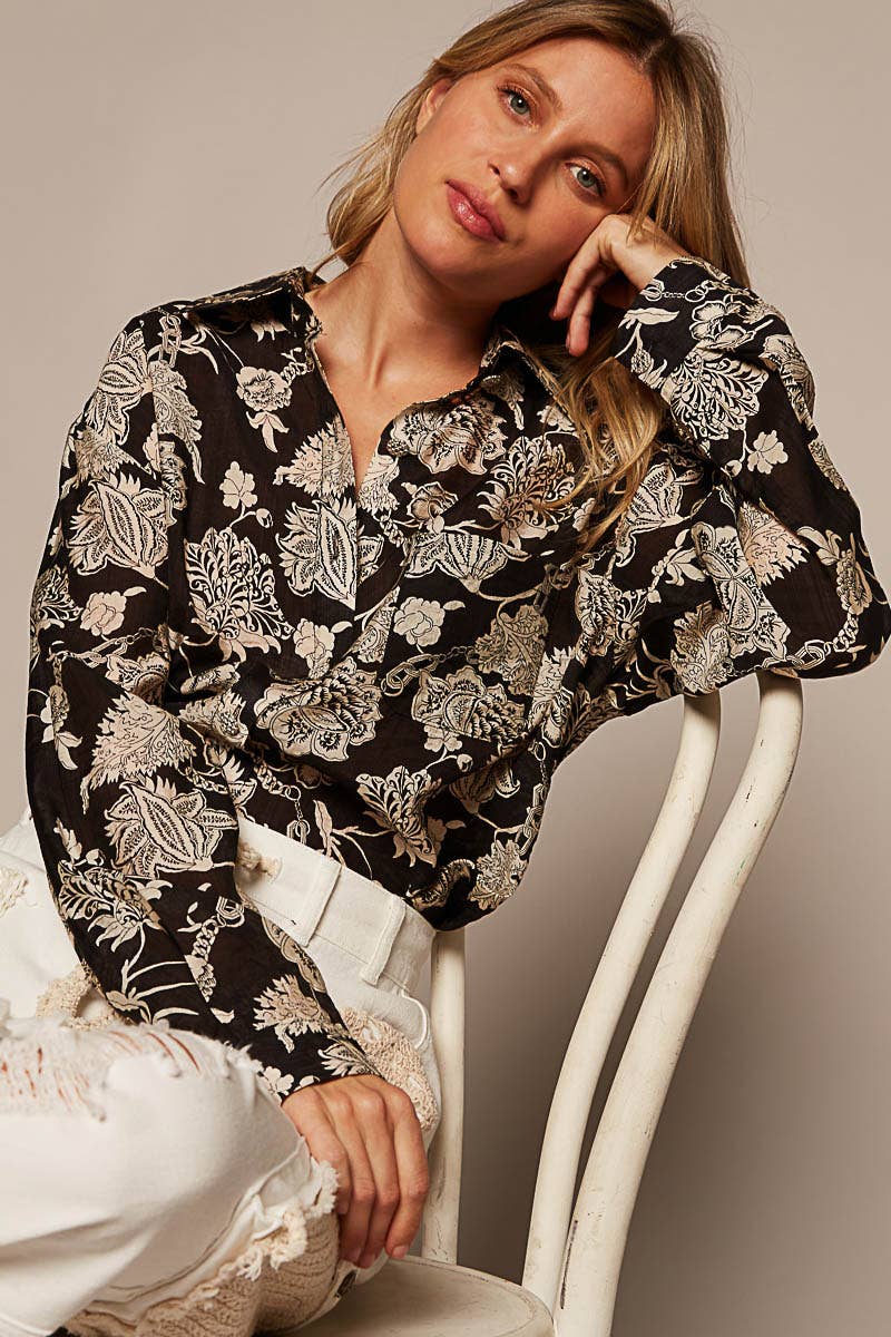 Black and Cream Floral Blouse