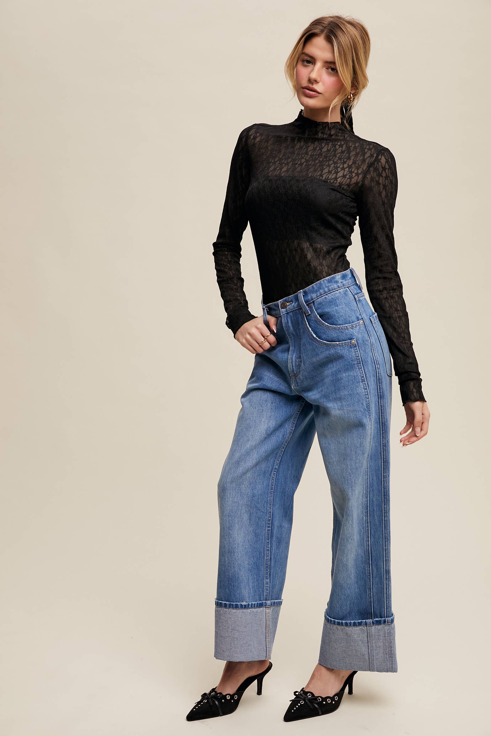 Cuffed Wide Leg Jeans