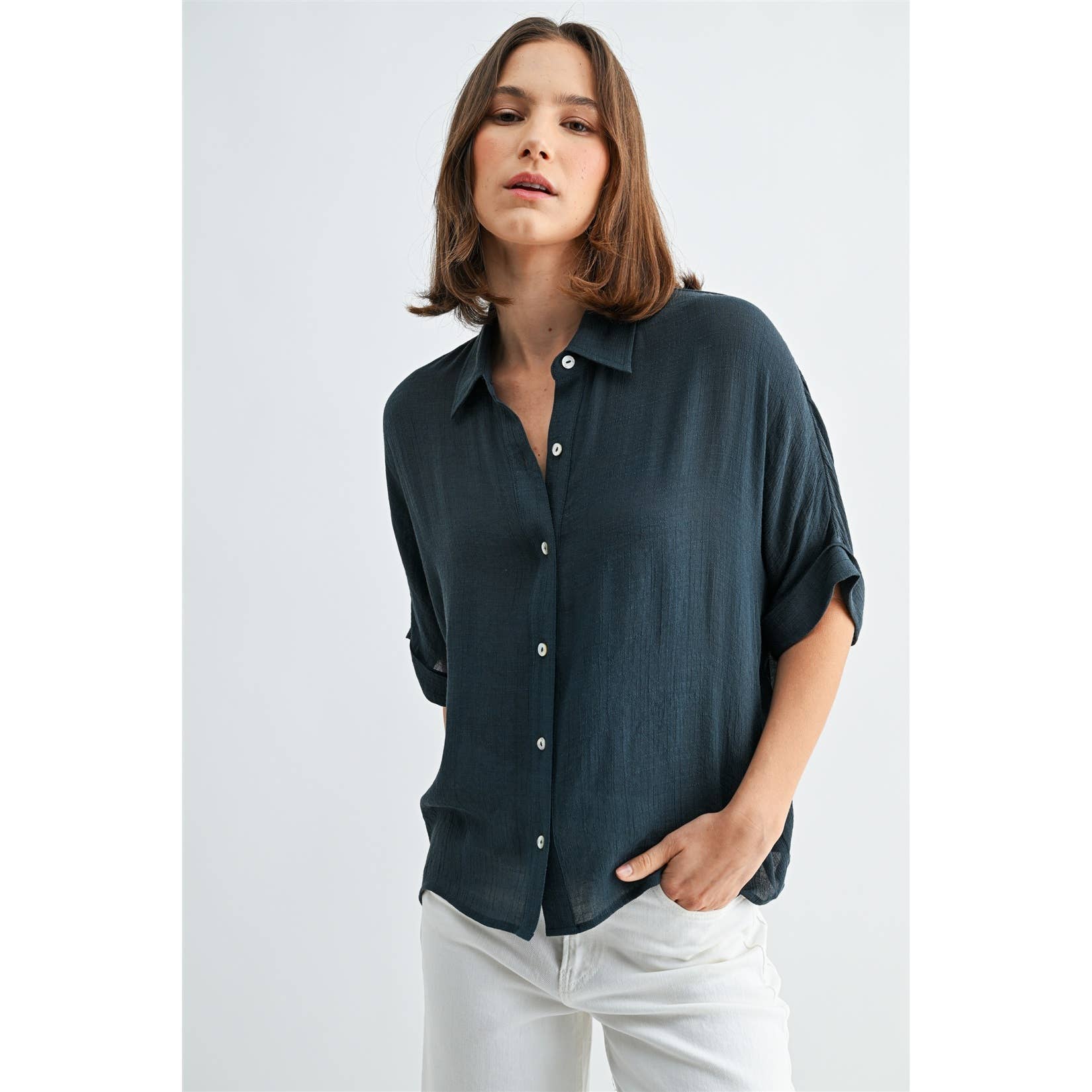 Button Up Dolman Short Sleeve Top