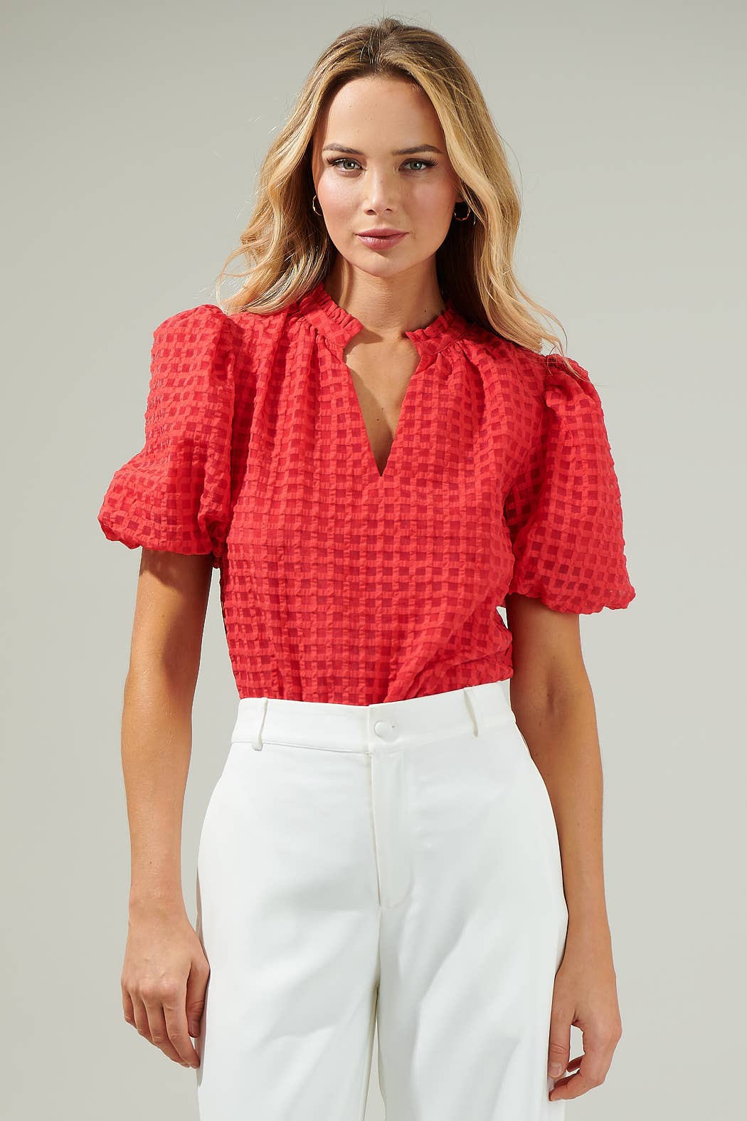 Red Organza Check Ruffle Blouse