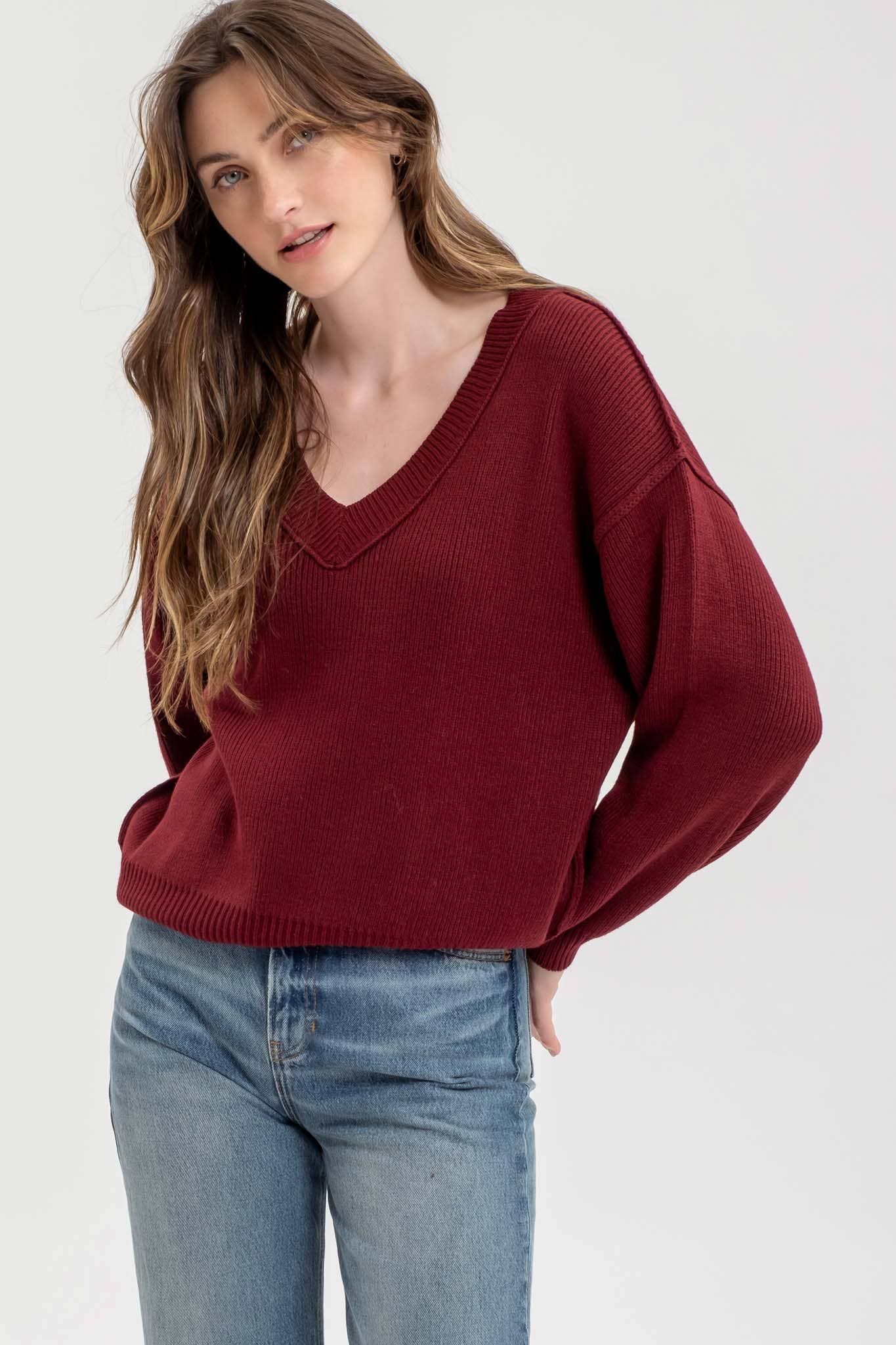 Exposed Seam V-Neck Sweater