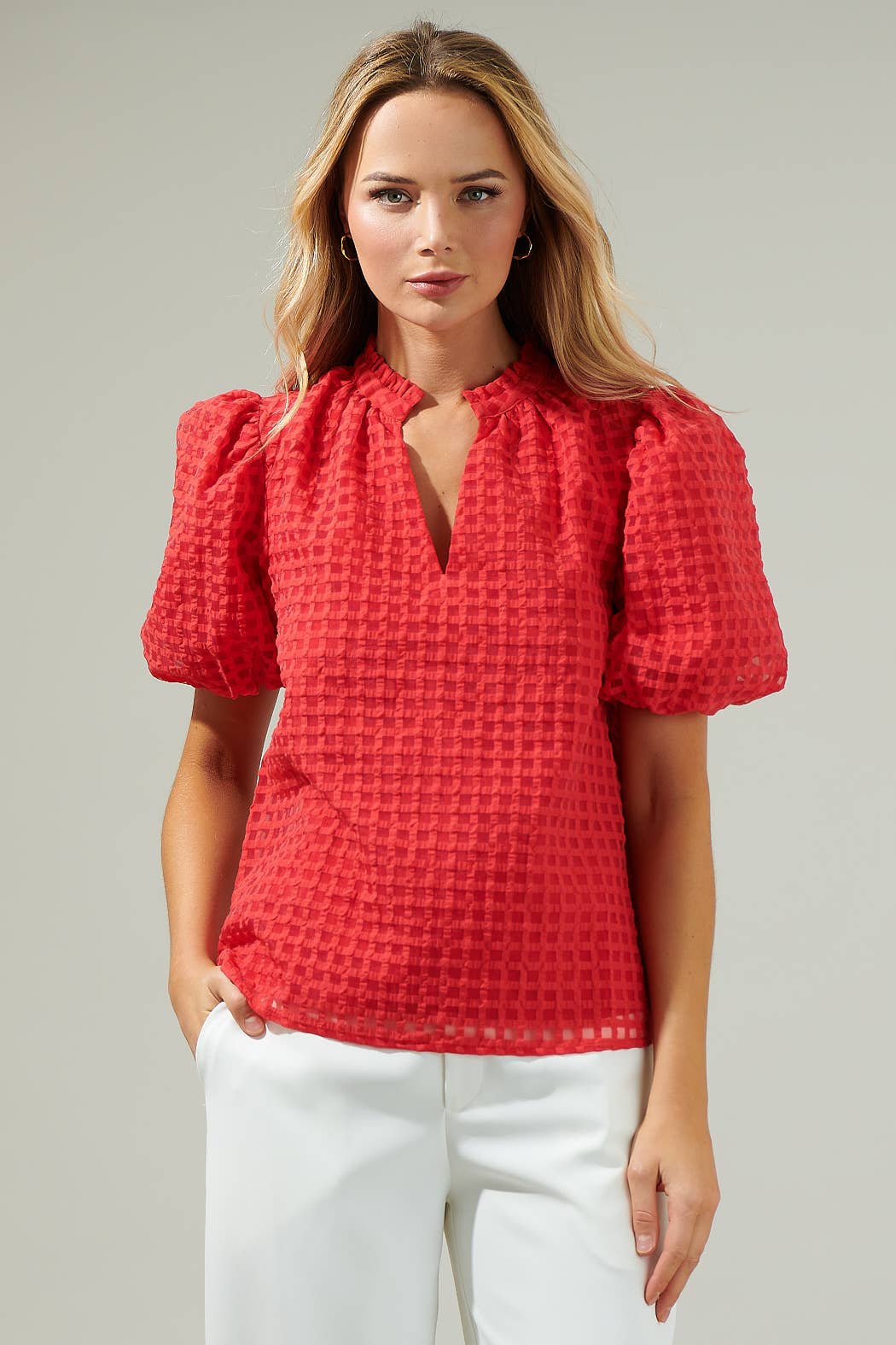 Red Organza Check Ruffle Blouse