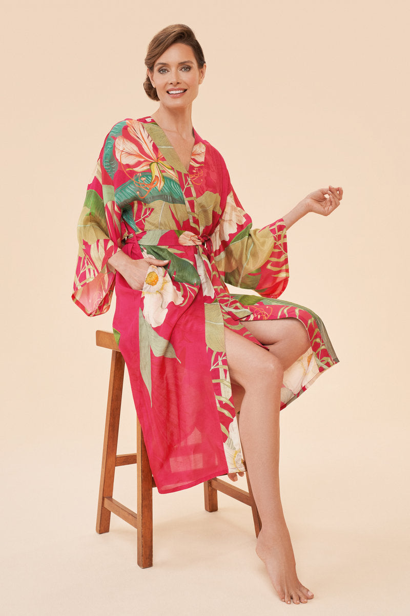 Delicate Tropical Dark Rose Kimono Gown