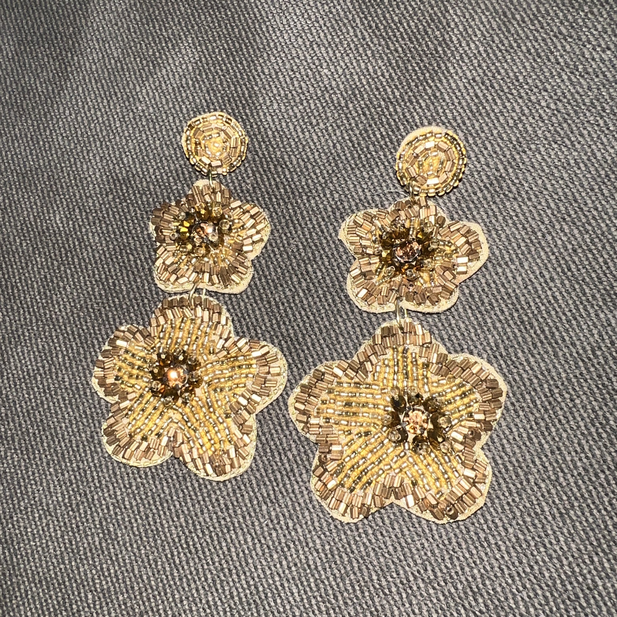 Gold Beaded Flower Drop Earrings