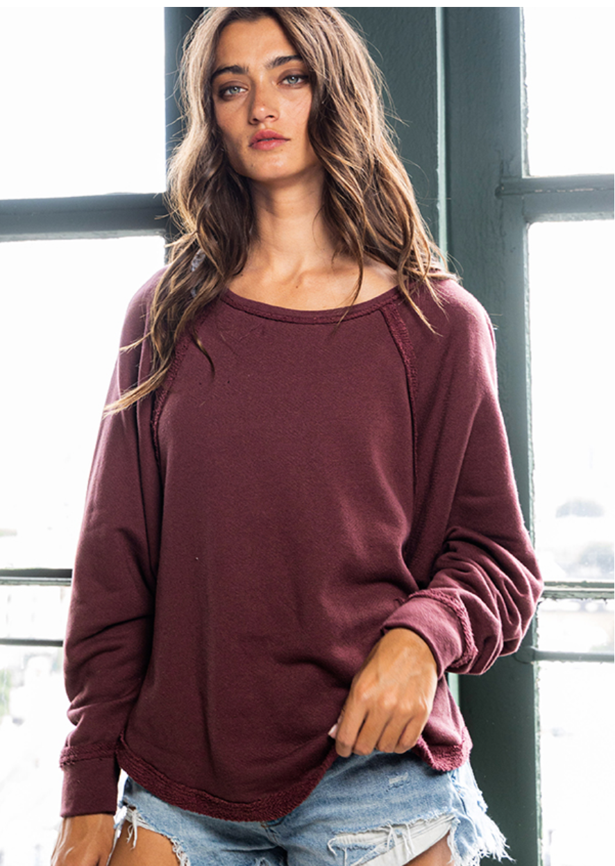 Raw Edge Pullover - Burgundy