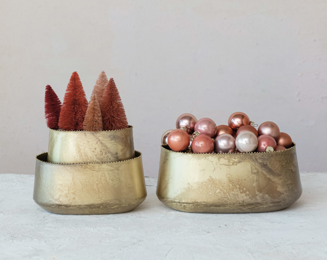 Metal Planters w/ Beaded Edge, Antique Brass Finish, Set of 3