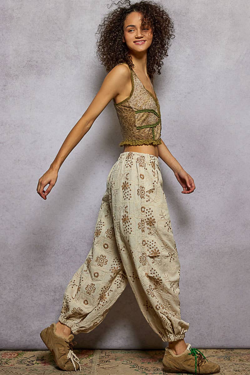 Embroidered & Quilted Woven Pants