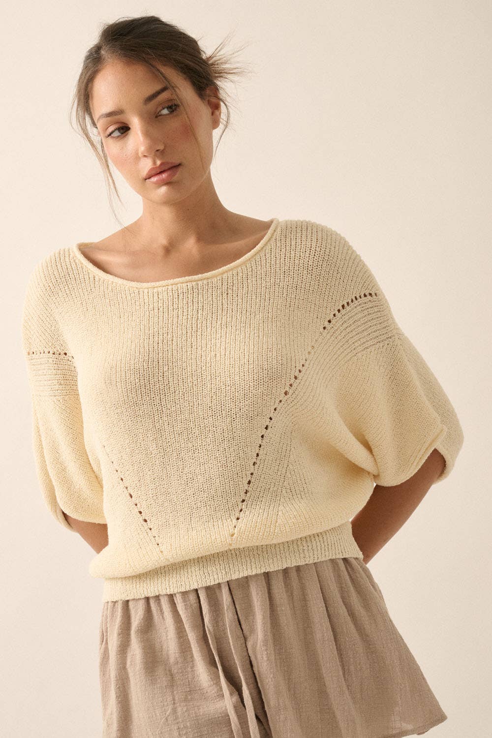 Short-Sleeve Pointelle Sweater