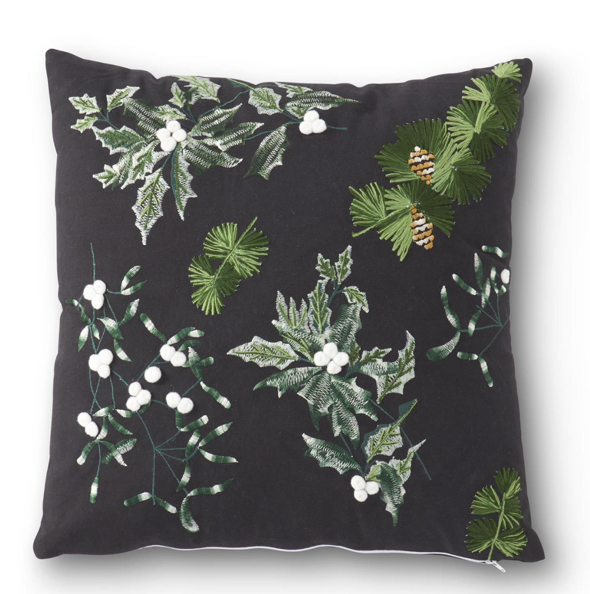 Holly and Pine Embroidered Pillow