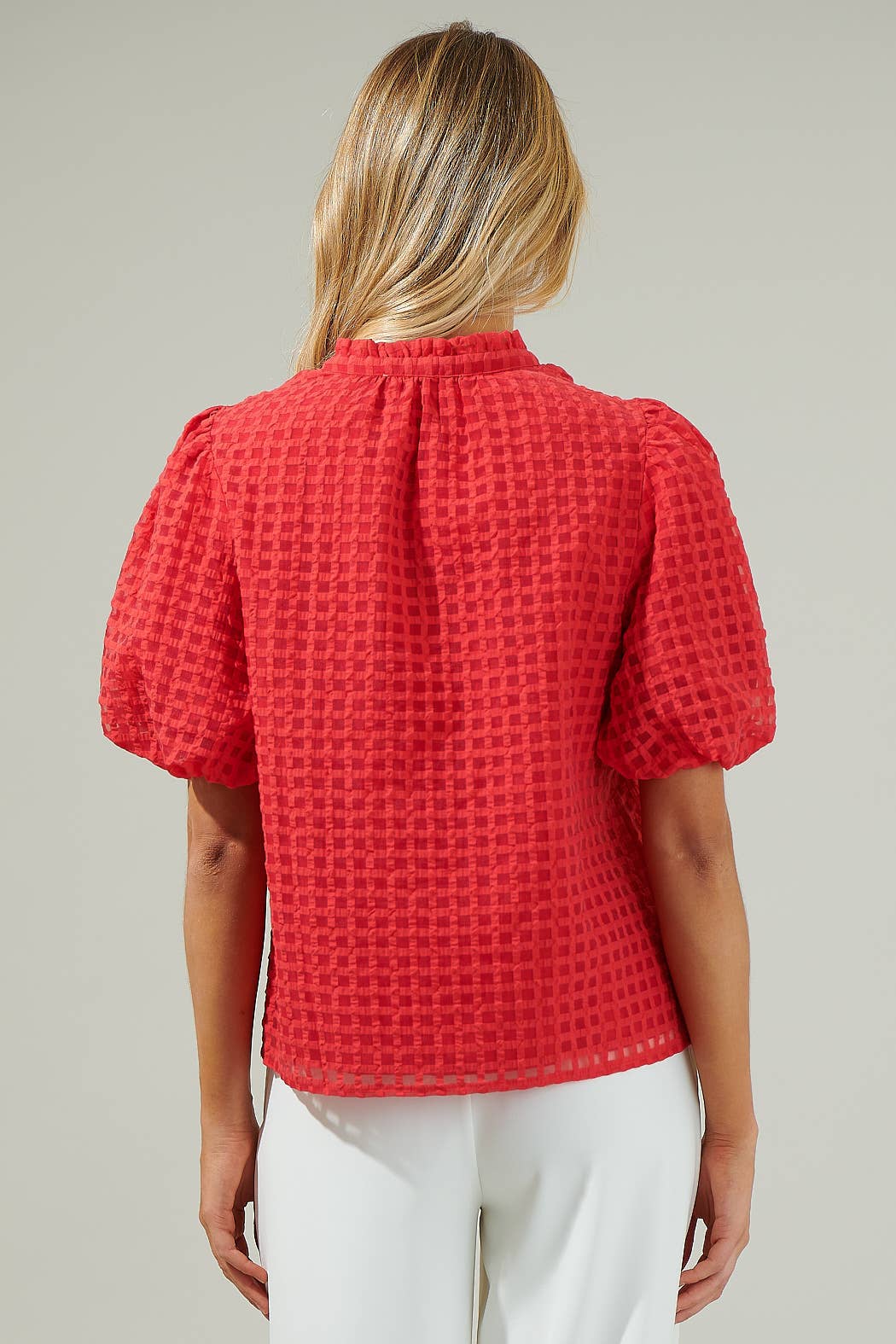 Red Organza Check Ruffle Blouse