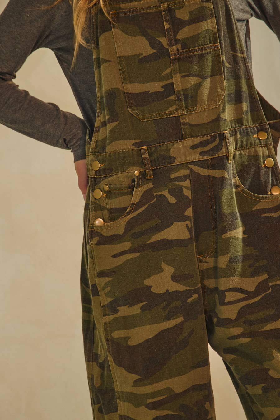 Camo Denim Barrel Overalls
