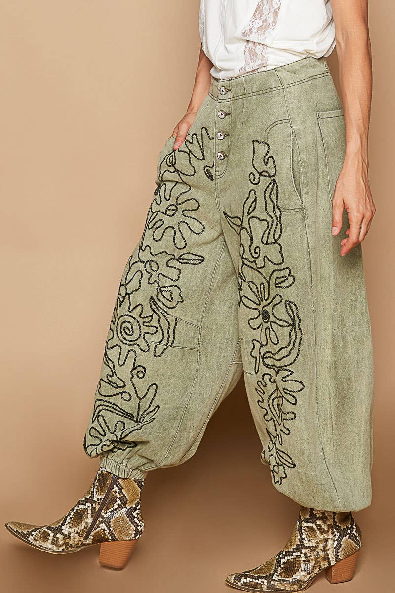 Floral Embroidered Twill Pants