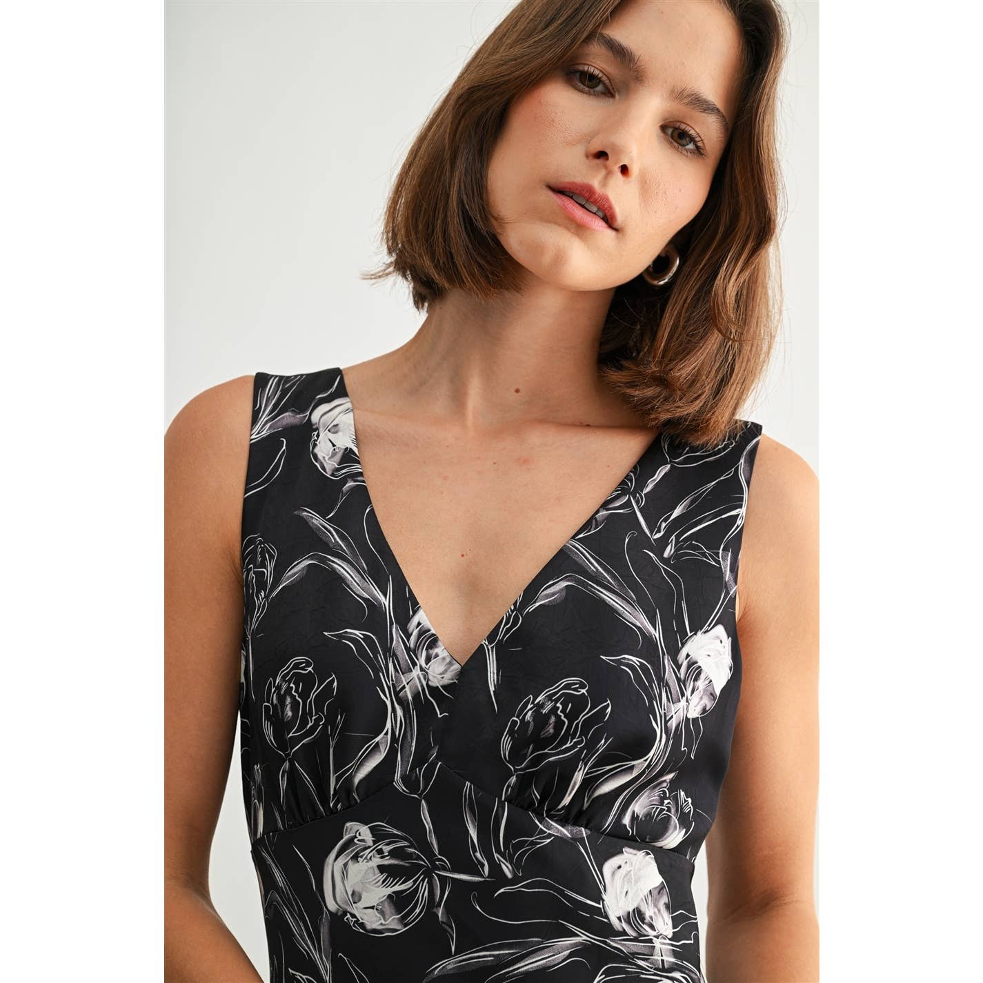 Floral Satin V Neck Dress